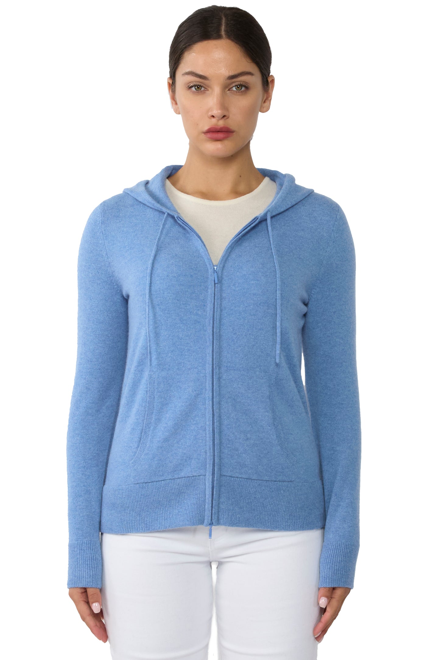 JENNIE LIU Women's 100% Pure Cashmere Long Sleeve Zip Hoodie Cardigan Sweater