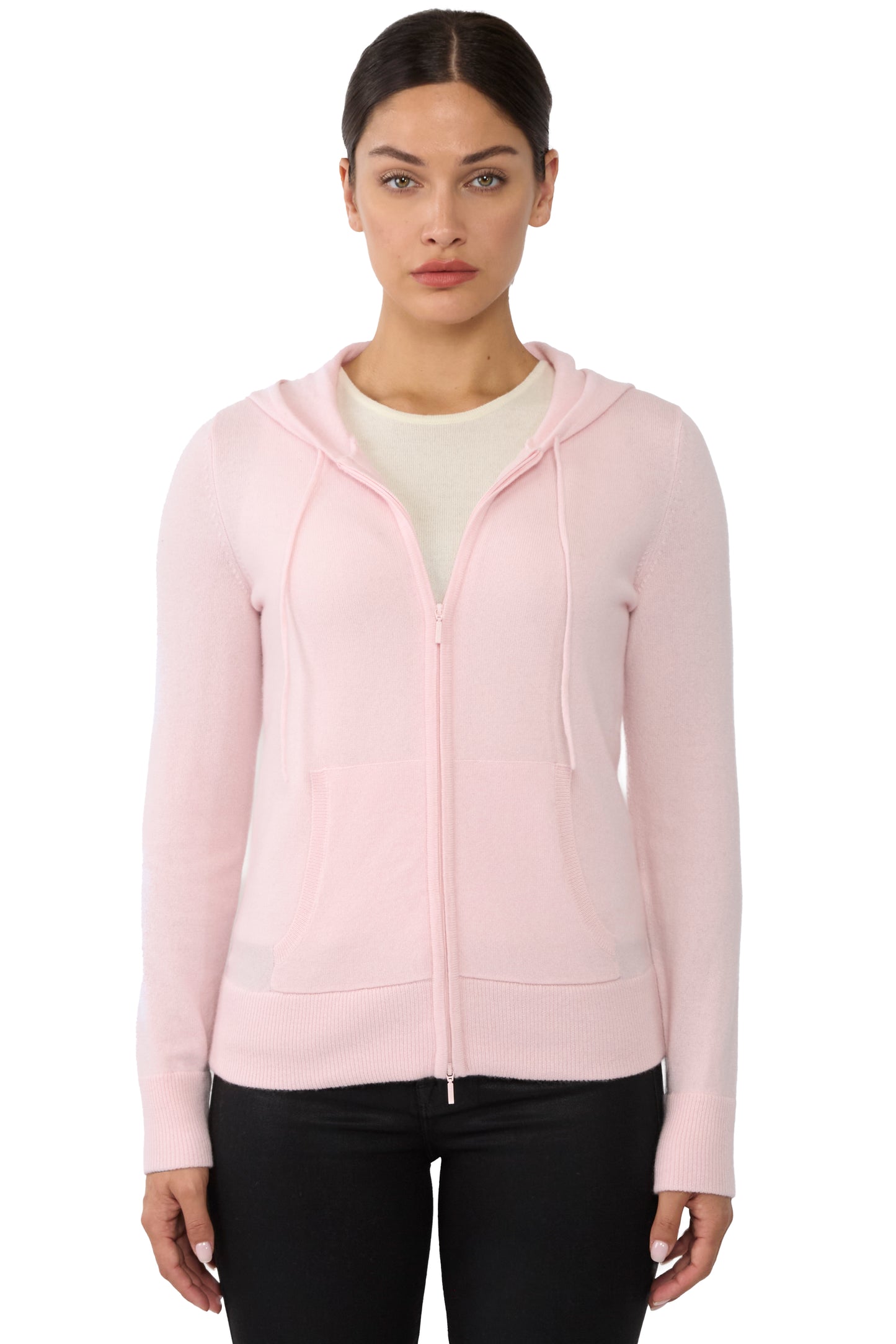 JENNIE LIU Women's 100% Pure Cashmere Long Sleeve Zip Hoodie Cardigan Sweater