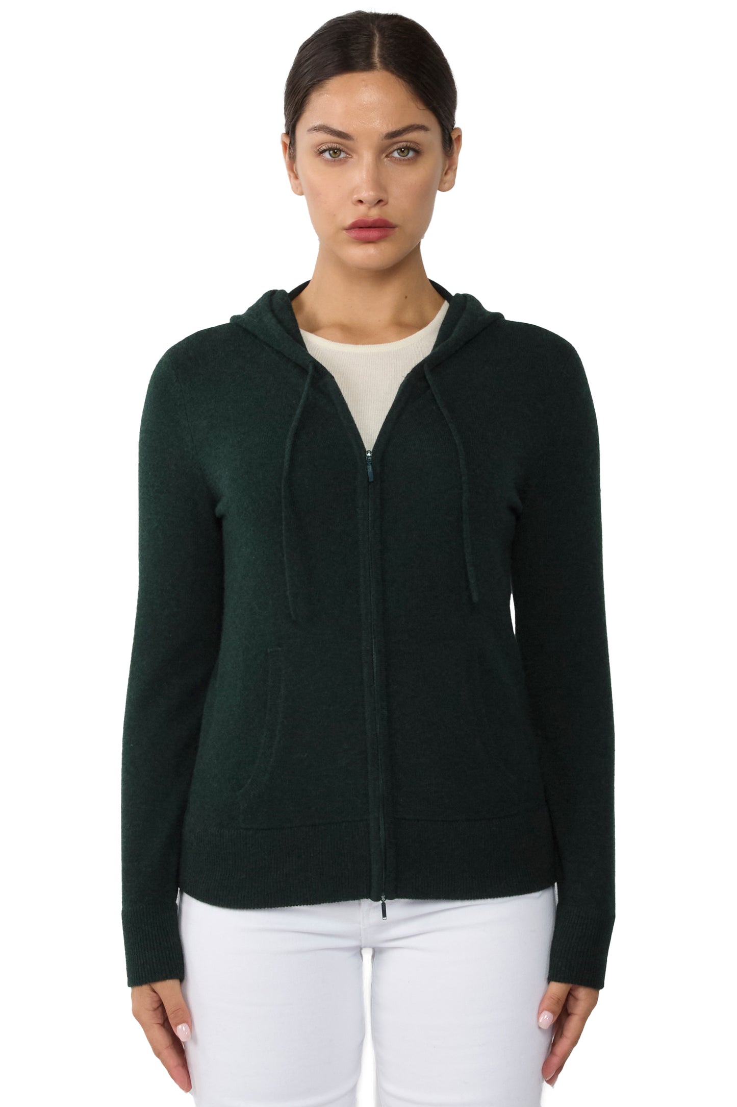 JENNIE LIU Women's 100% Pure Cashmere Long Sleeve Zip Hoodie Cardigan Sweater