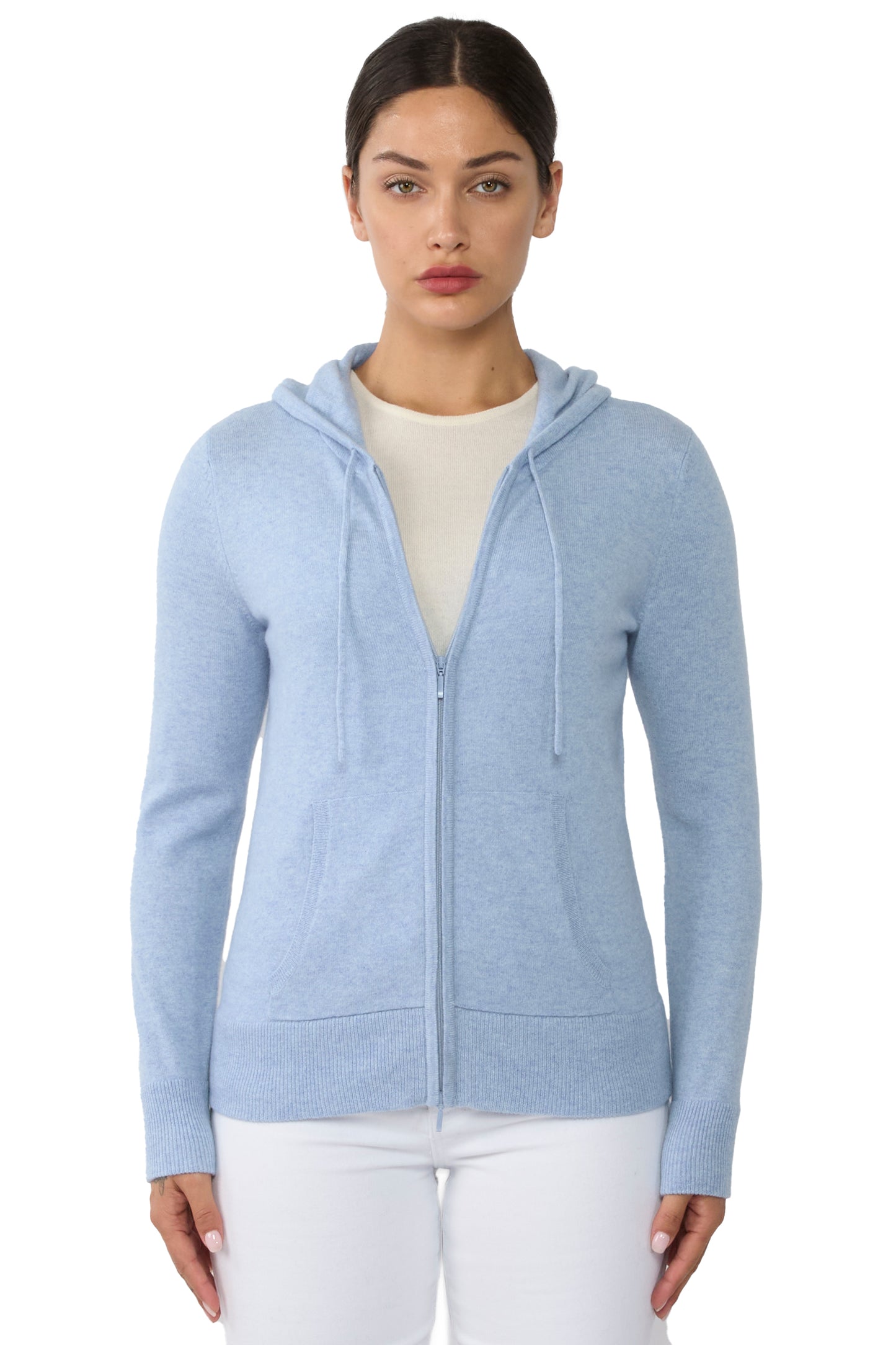JENNIE LIU Women's 100% Pure Cashmere Long Sleeve Zip Hoodie Cardigan Sweater