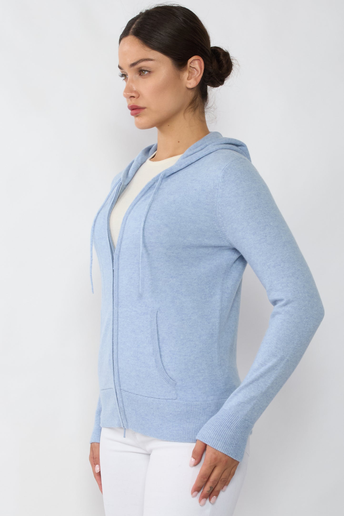 JENNIE LIU Women's 100% Pure Cashmere Long Sleeve Zip Hoodie Cardigan Sweater