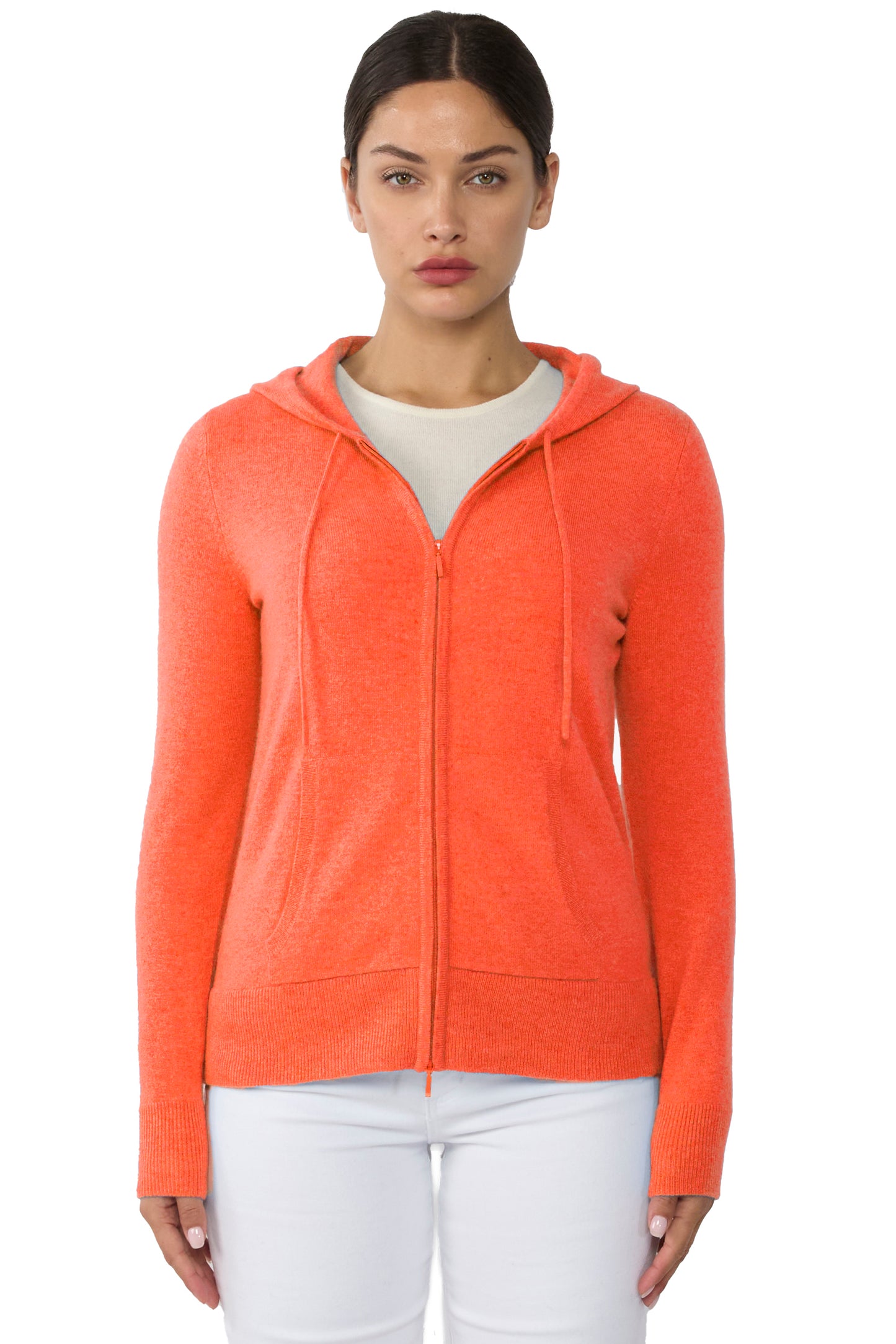 JENNIE LIU Women's 100% Pure Cashmere Long Sleeve Zip Hoodie Cardigan Sweater