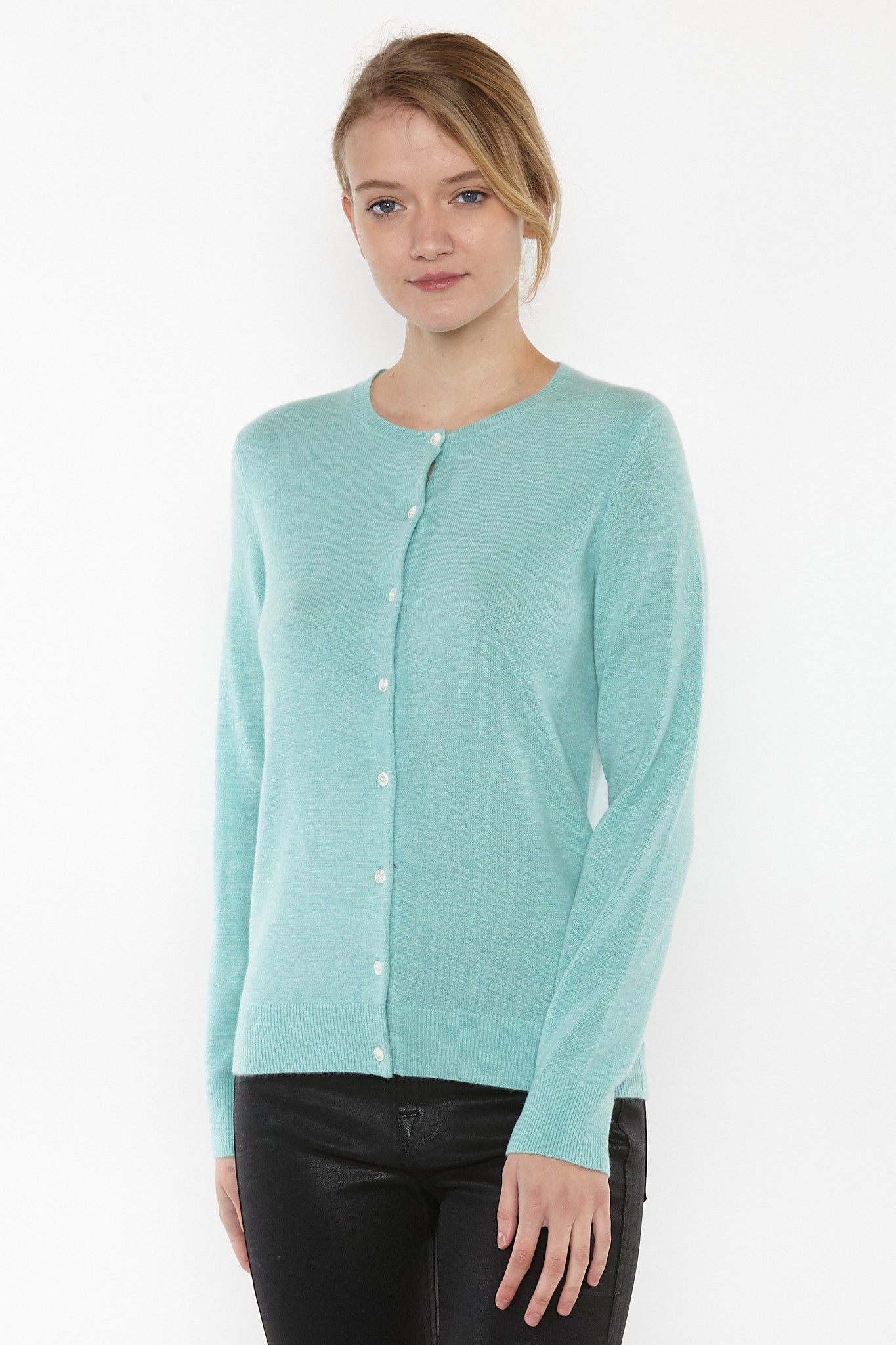 JENNIE LIU Women's 100% Cashmere Button Front Long Sleeve Crewneck Cardigan Sweater