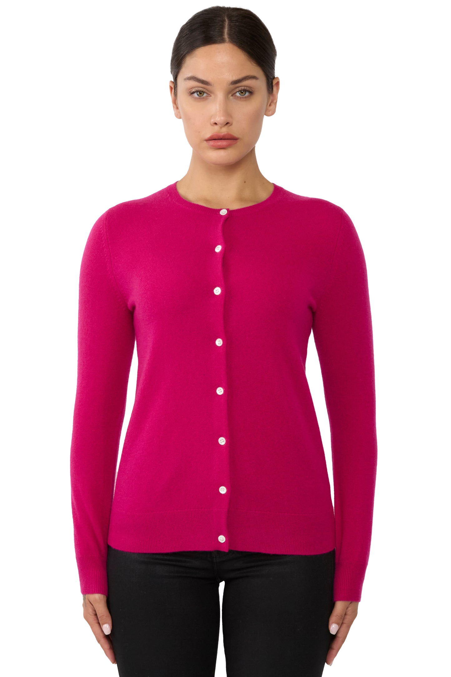 JENNIE LIU Women's 100% Cashmere Button Front Long Sleeve Crewneck Cardigan Sweater