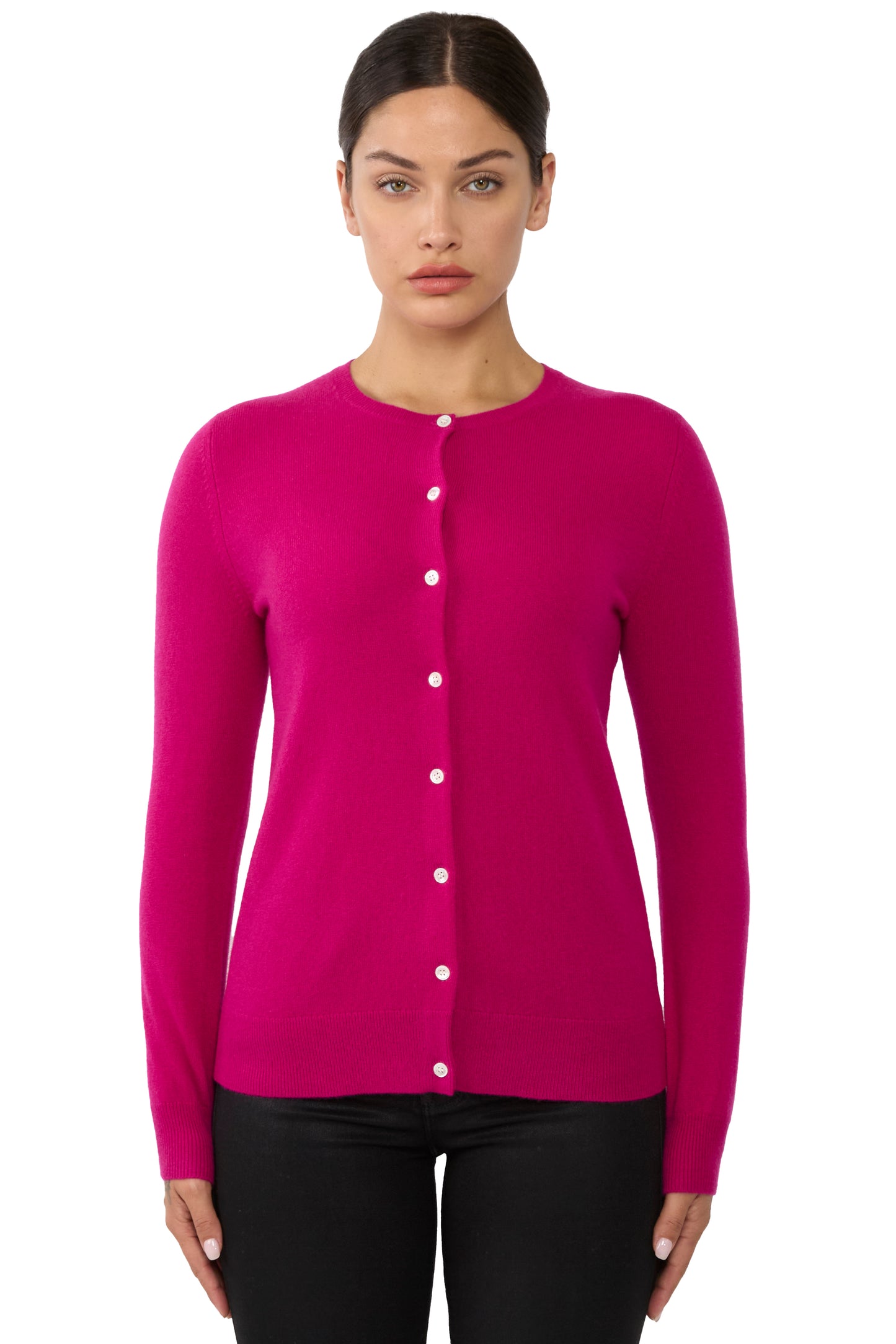 JENNIE LIU Women's 100% Cashmere Button Front Long Sleeve Crewneck Cardigan Sweater