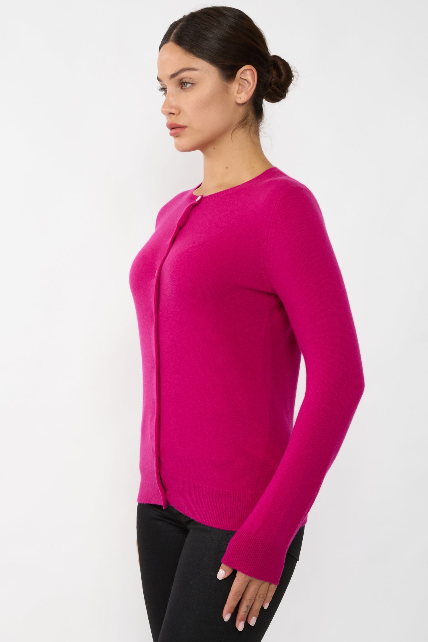 JENNIE LIU Women's 100% Cashmere Button Front Long Sleeve Crewneck Cardigan Sweater