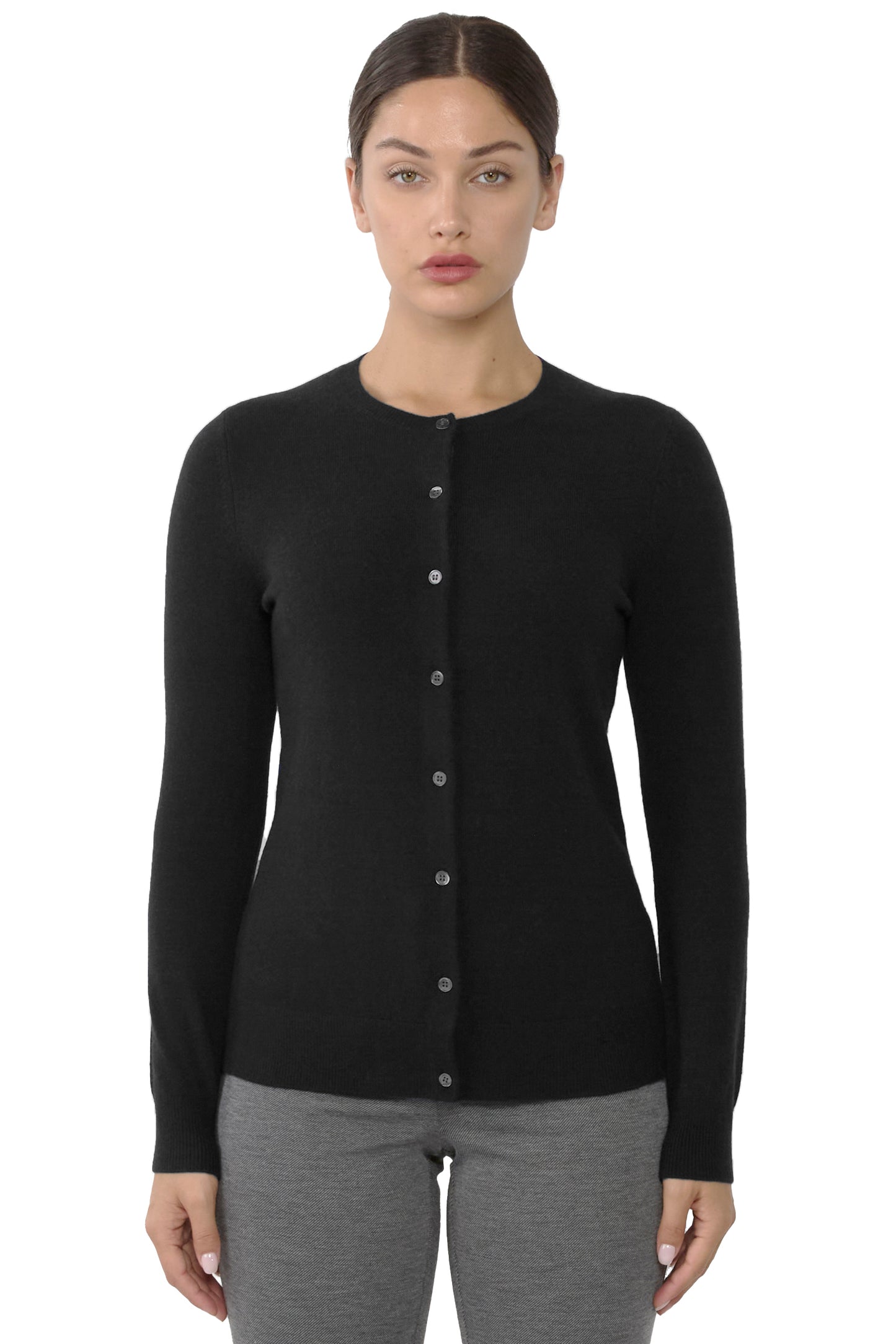 JENNIE LIU Women's 100% Cashmere Button Front Long Sleeve Crewneck Cardigan Sweater