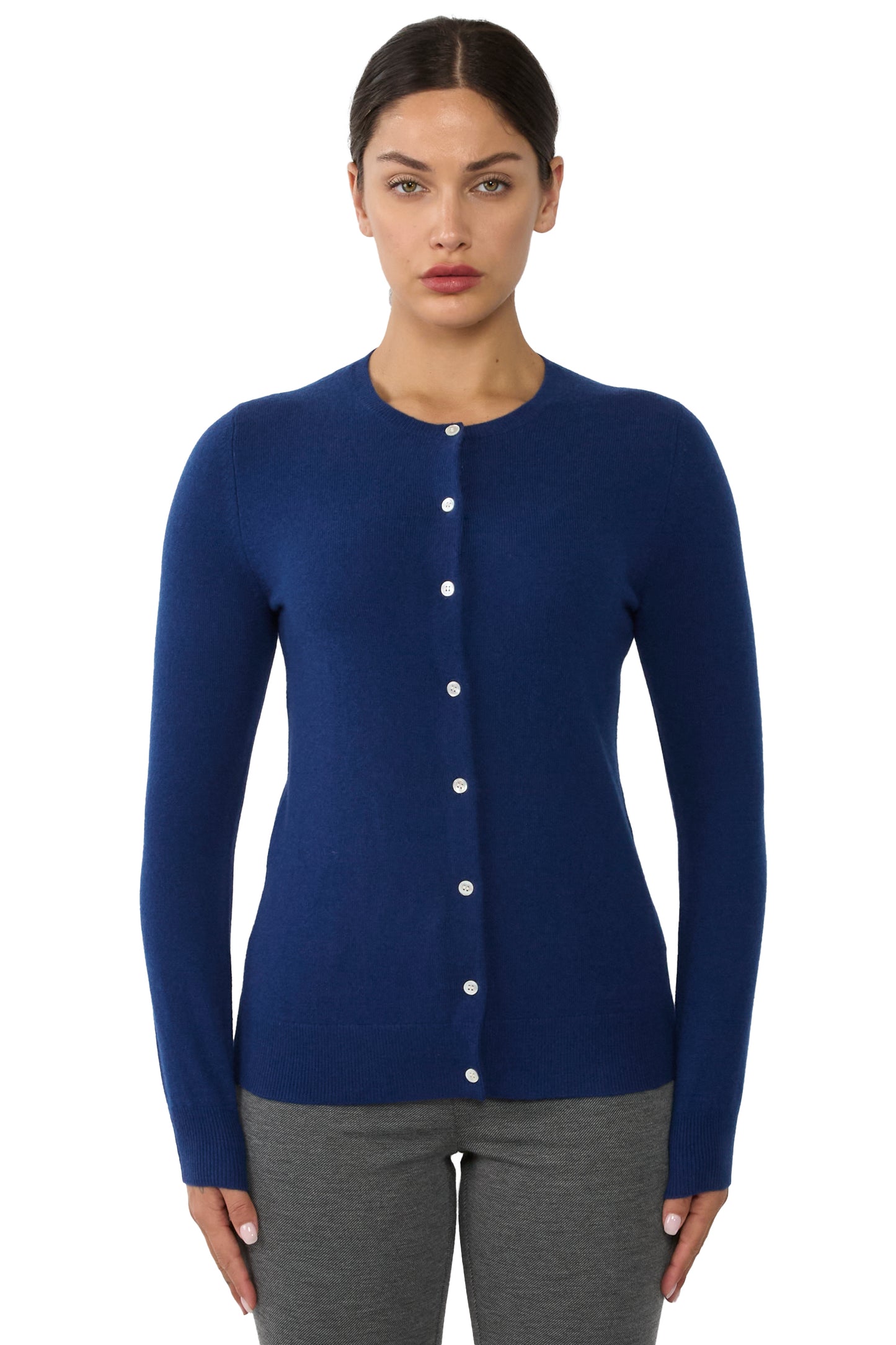 JENNIE LIU Women's 100% Cashmere Button Front Long Sleeve Crewneck Cardigan Sweater