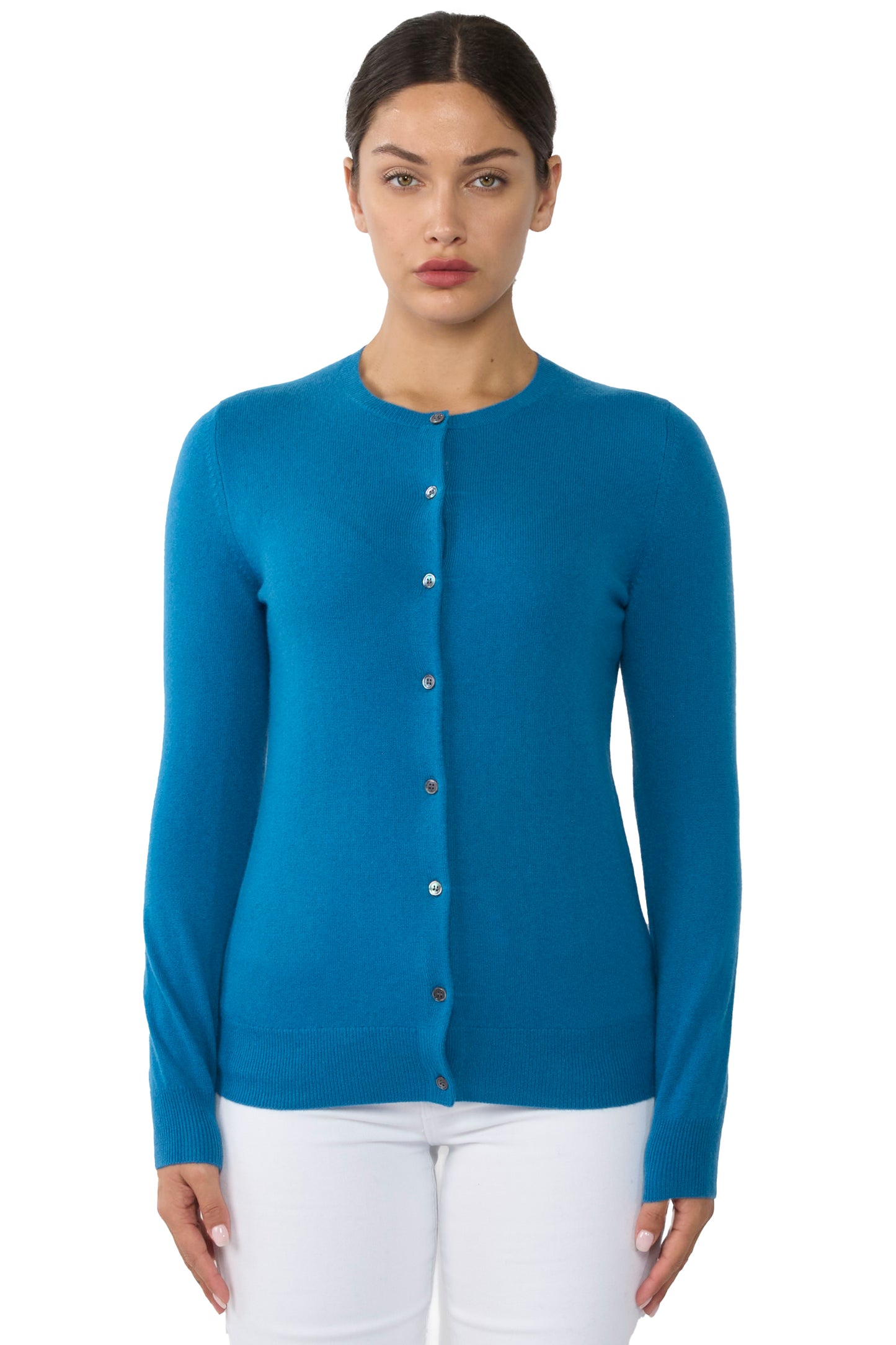 JENNIE LIU Women's 100% Cashmere Button Front Long Sleeve Crewneck Cardigan Sweater