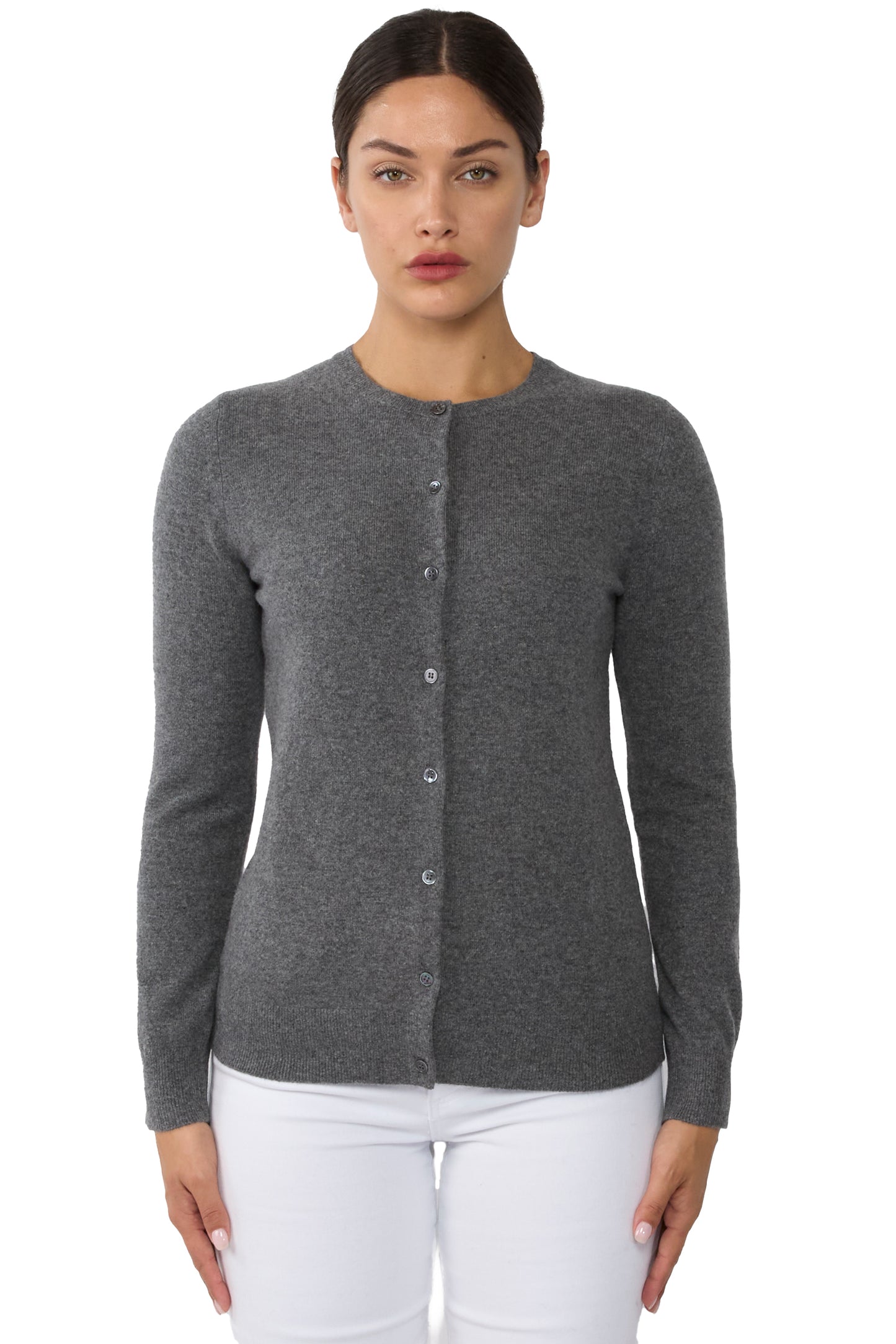 JENNIE LIU Women's 100% Cashmere Button Front Long Sleeve Crewneck Cardigan Sweater