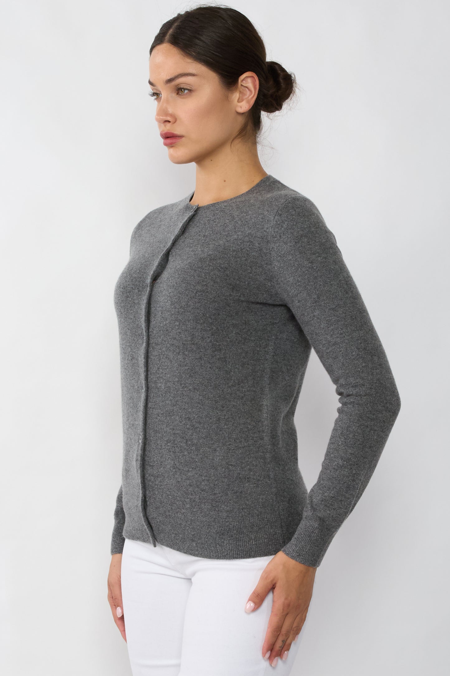 JENNIE LIU Women's 100% Cashmere Button Front Long Sleeve Crewneck Cardigan Sweater