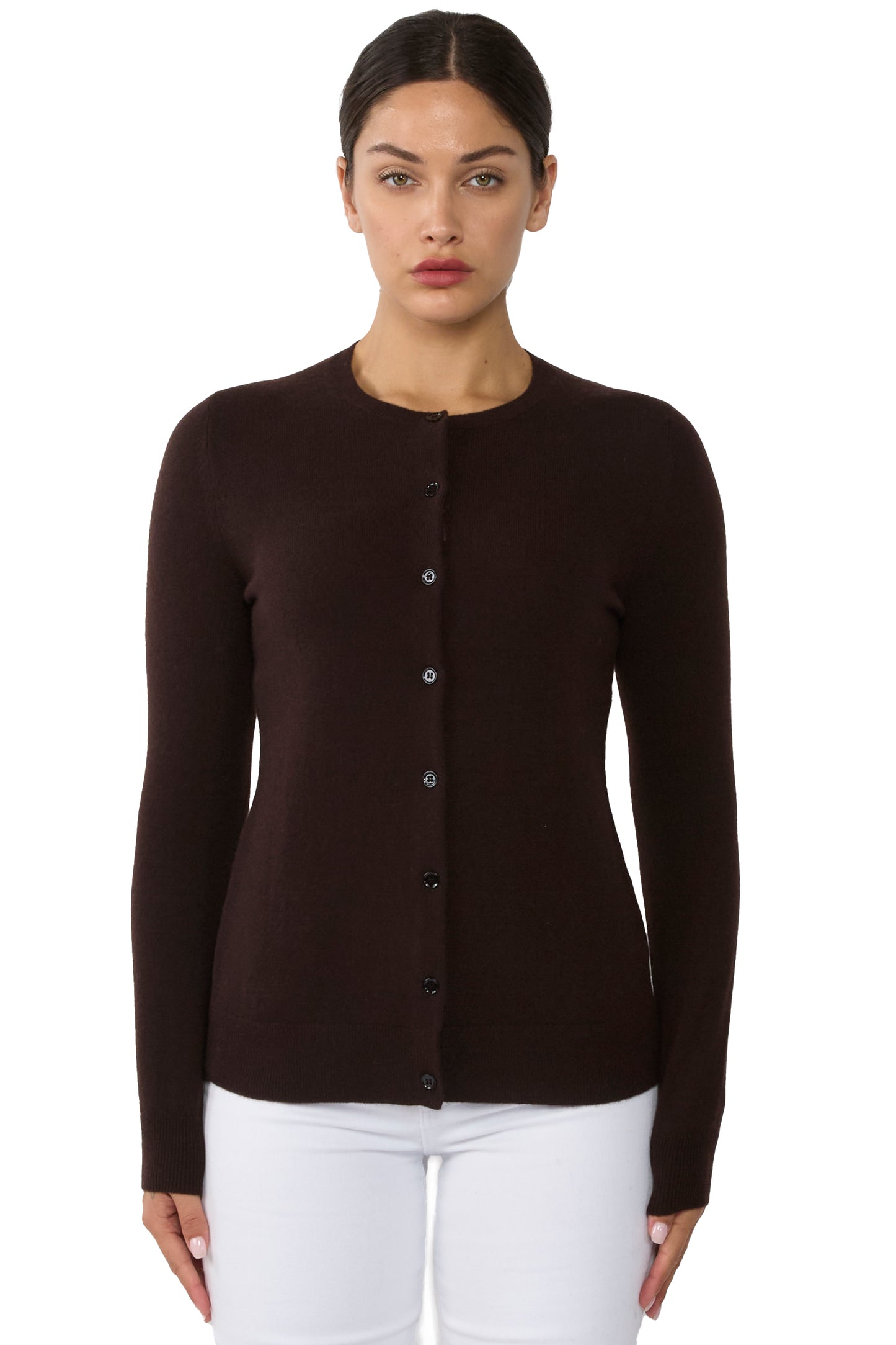 JENNIE LIU Women's 100% Cashmere Button Front Long Sleeve Crewneck Cardigan Sweater