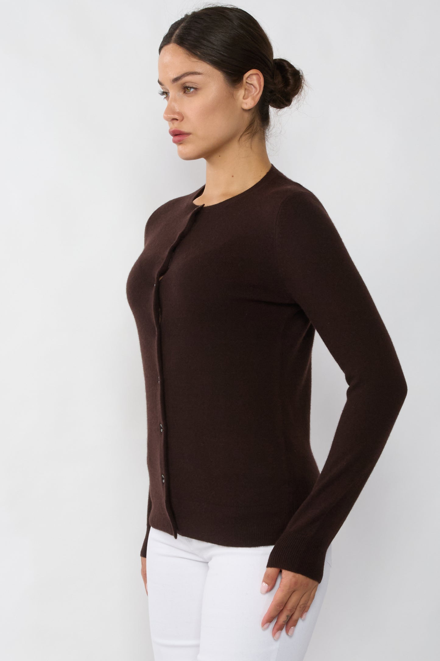 JENNIE LIU Women's 100% Cashmere Button Front Long Sleeve Crewneck Cardigan Sweater