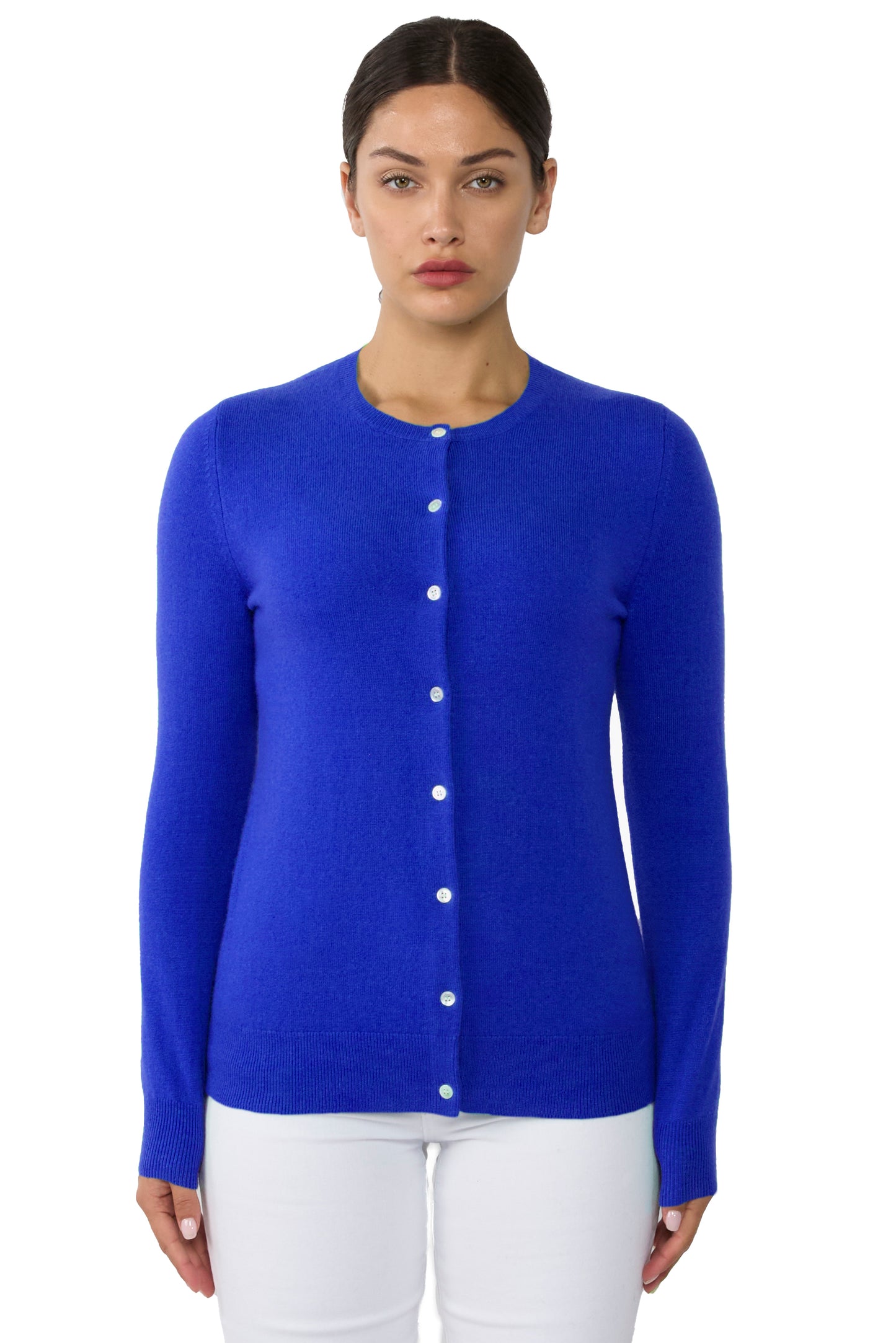 JENNIE LIU Women's 100% Cashmere Button Front Long Sleeve Crewneck Cardigan Sweater