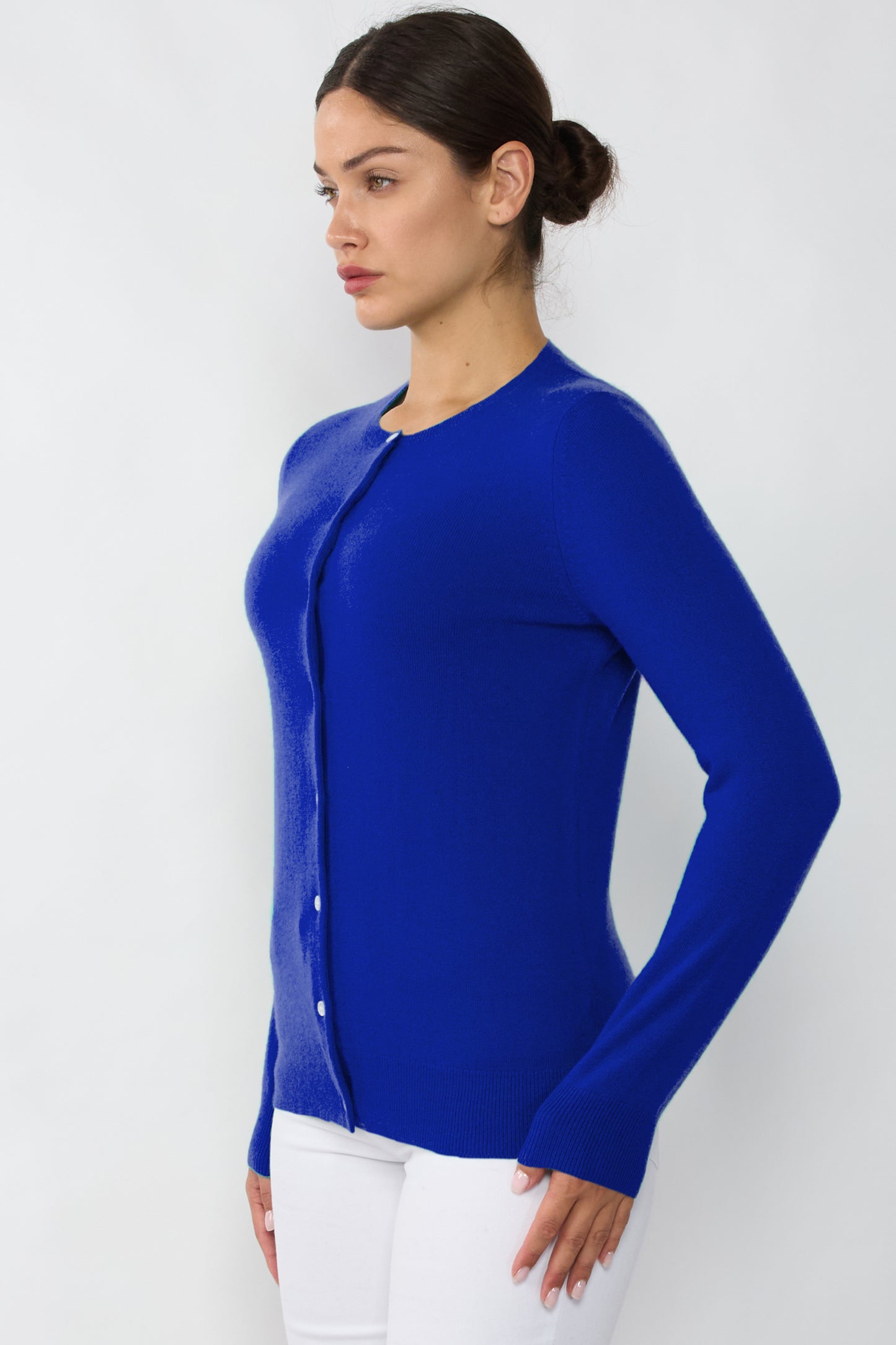 JENNIE LIU Women's 100% Cashmere Button Front Long Sleeve Crewneck Cardigan Sweater