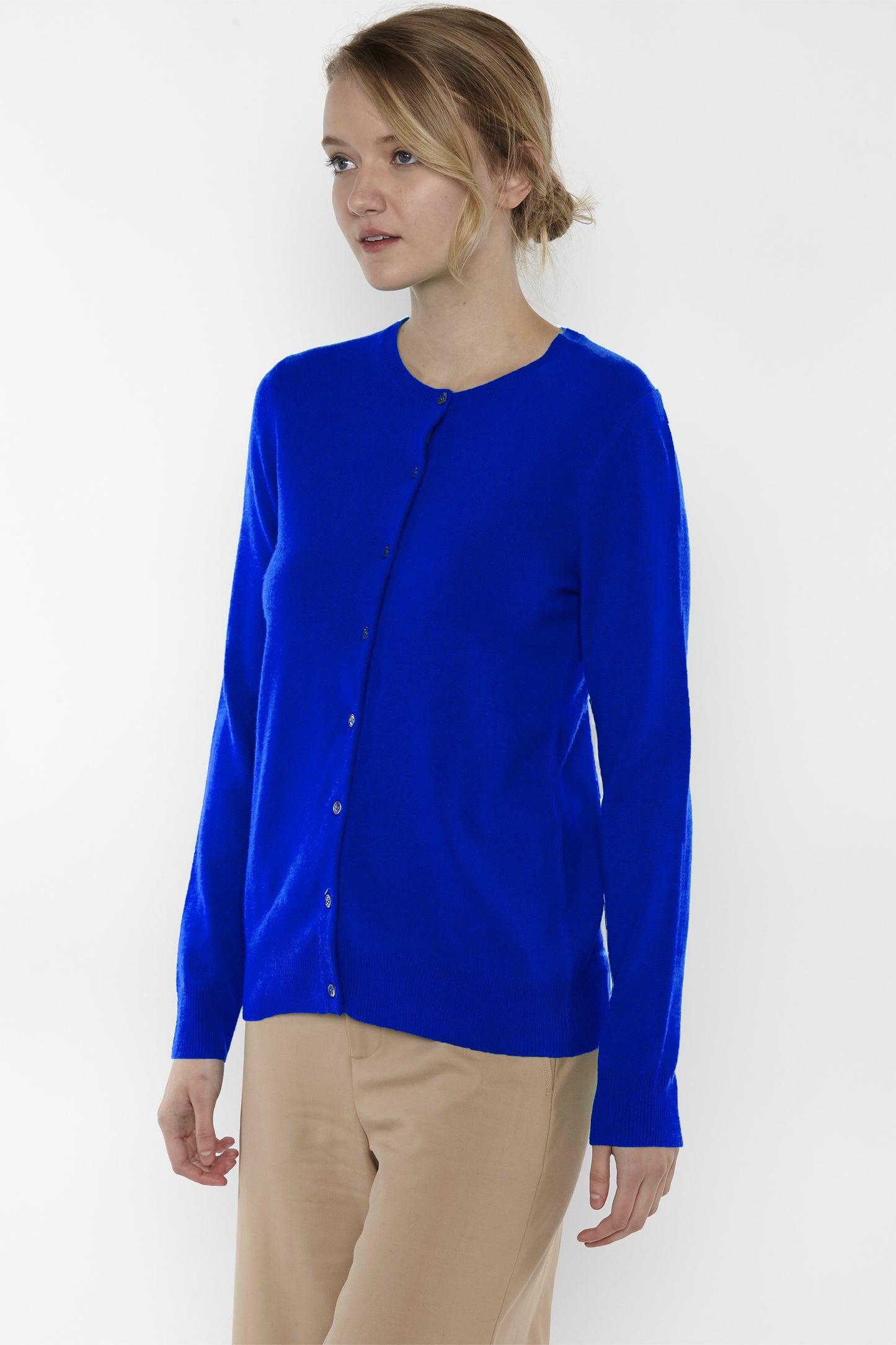 JENNIE LIU Women's 100% Cashmere Button Front Long Sleeve Crewneck Cardigan Sweater