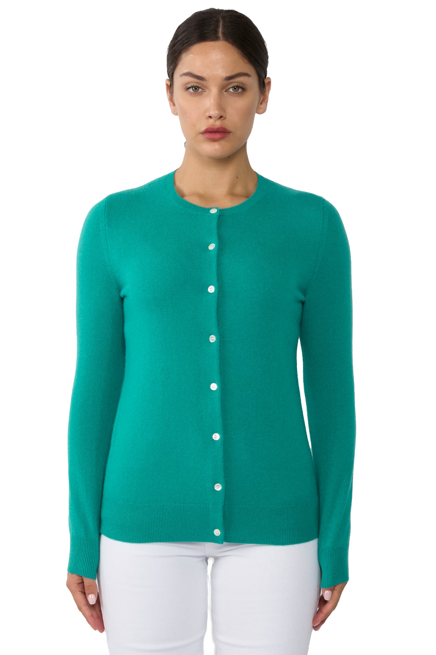 JENNIE LIU Women's 100% Cashmere Button Front Long Sleeve Crewneck Cardigan Sweater