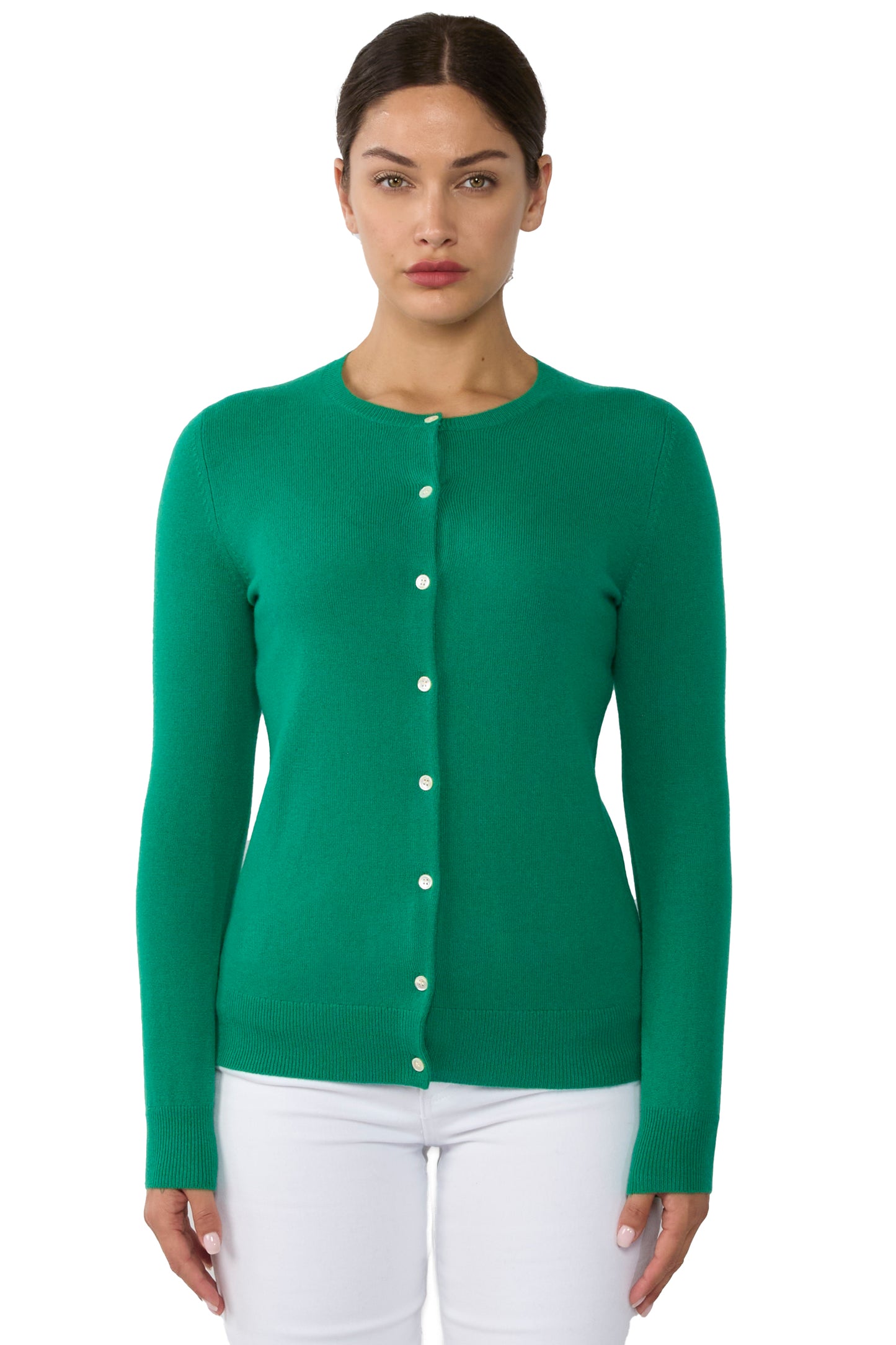 JENNIE LIU Women's 100% Cashmere Button Front Long Sleeve Crewneck Cardigan Sweater