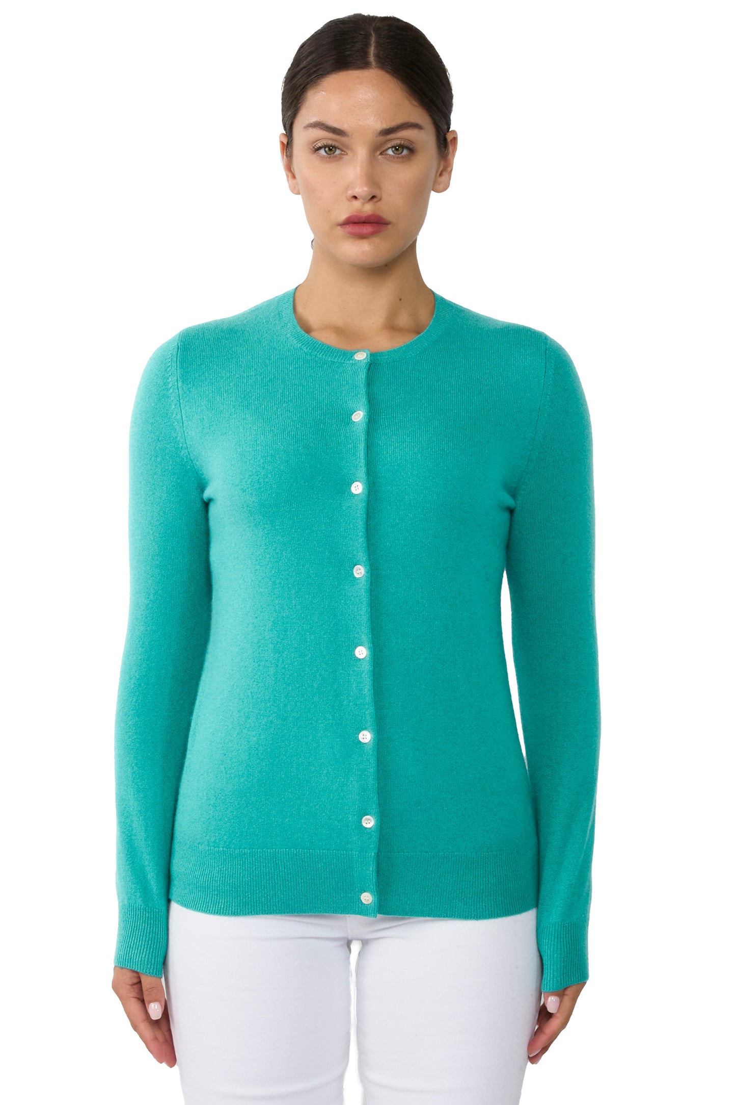 JENNIE LIU Women's 100% Cashmere Button Front Long Sleeve Crewneck Cardigan Sweater