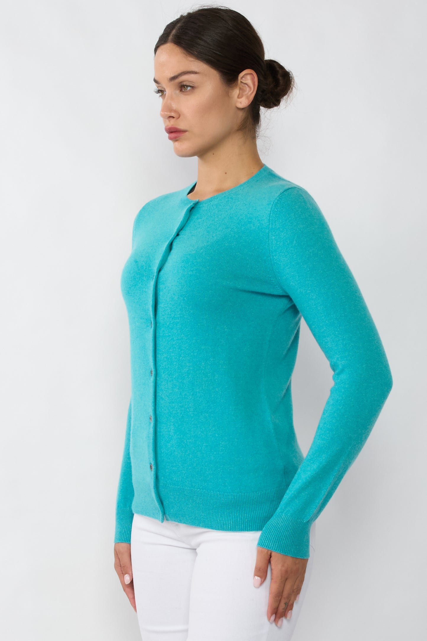 JENNIE LIU Women's 100% Cashmere Button Front Long Sleeve Crewneck Cardigan Sweater