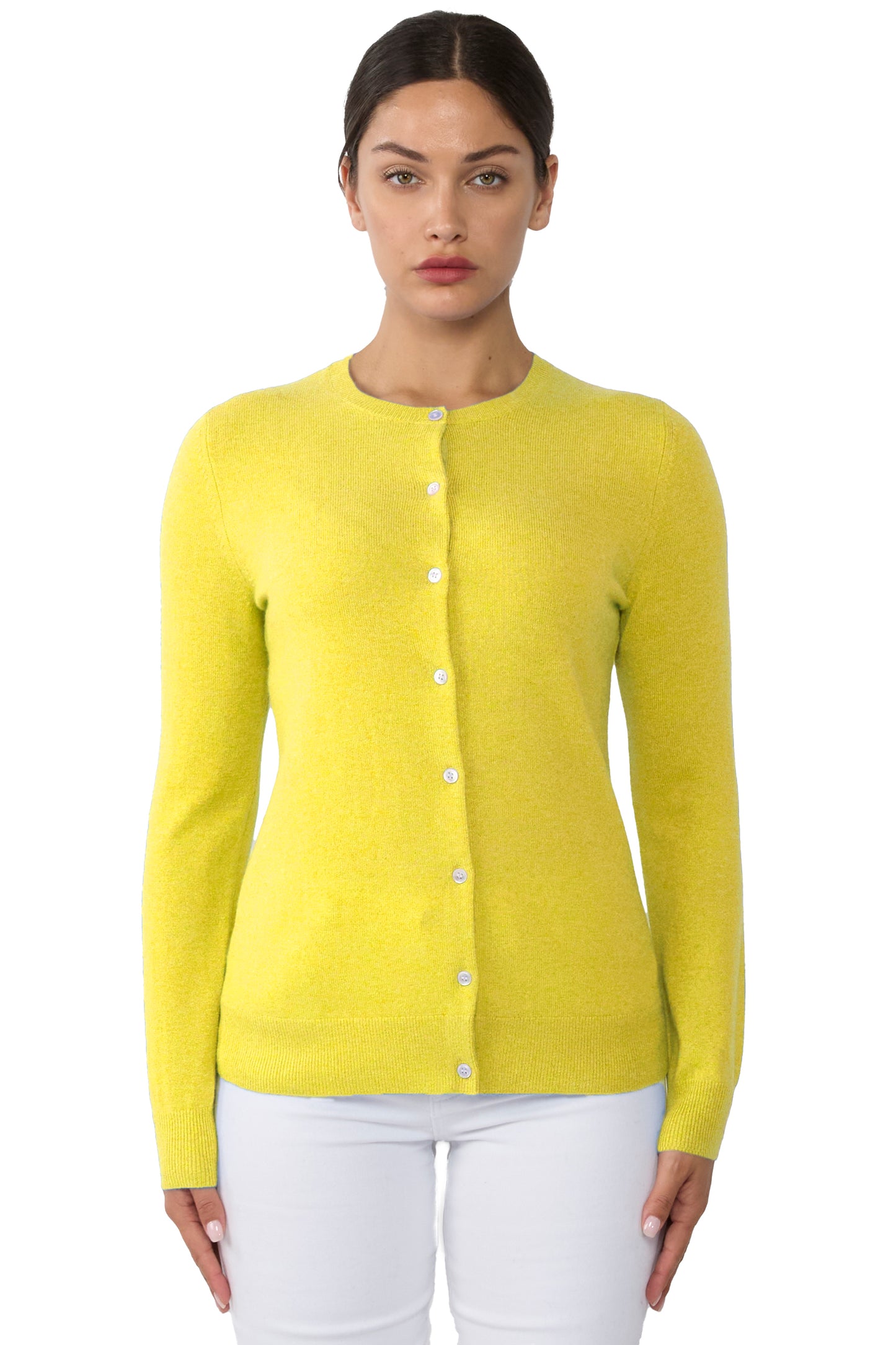 JENNIE LIU Women's 100% Cashmere Button Front Long Sleeve Crewneck Cardigan Sweater