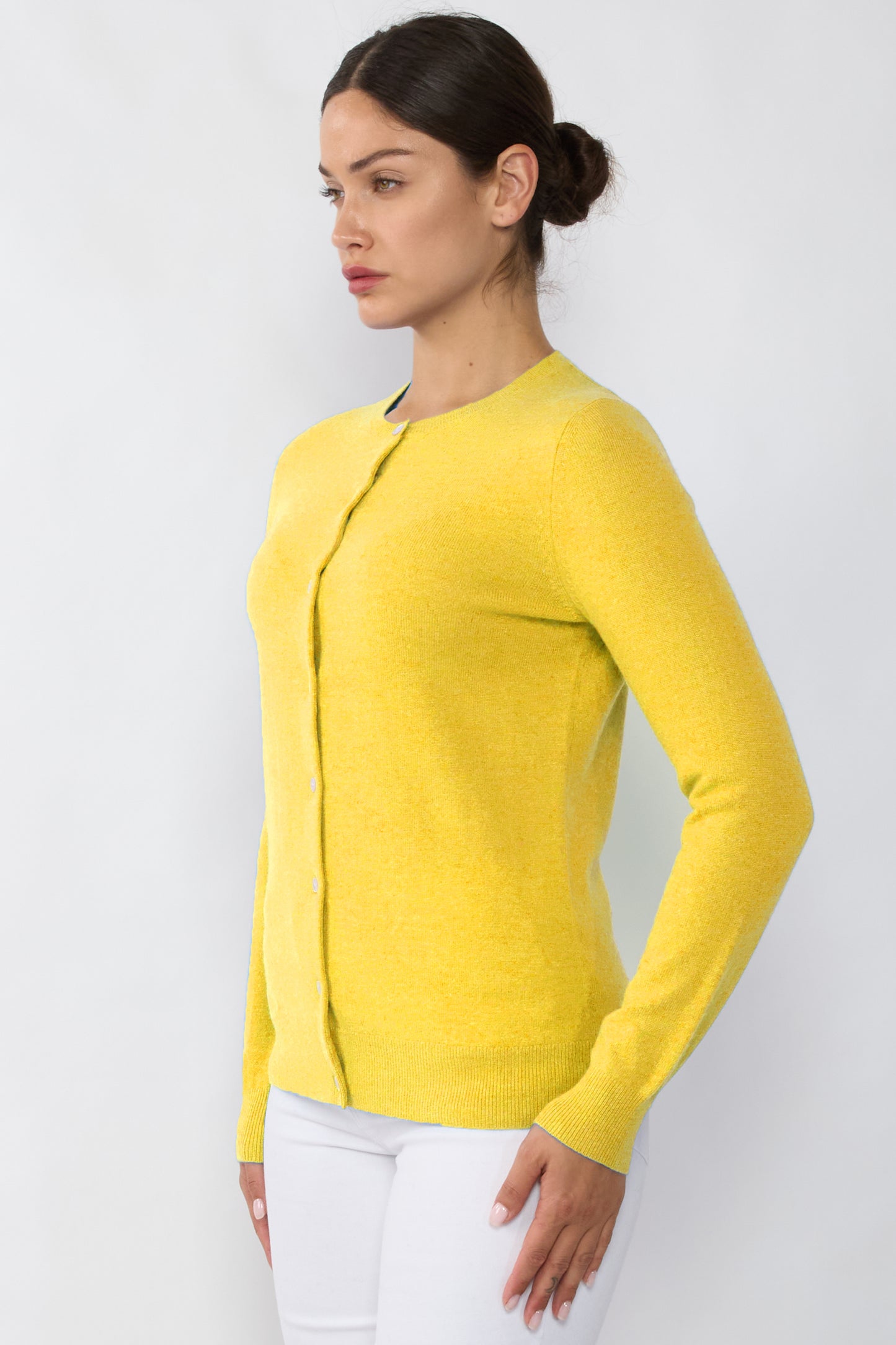 JENNIE LIU Women's 100% Cashmere Button Front Long Sleeve Crewneck Cardigan Sweater