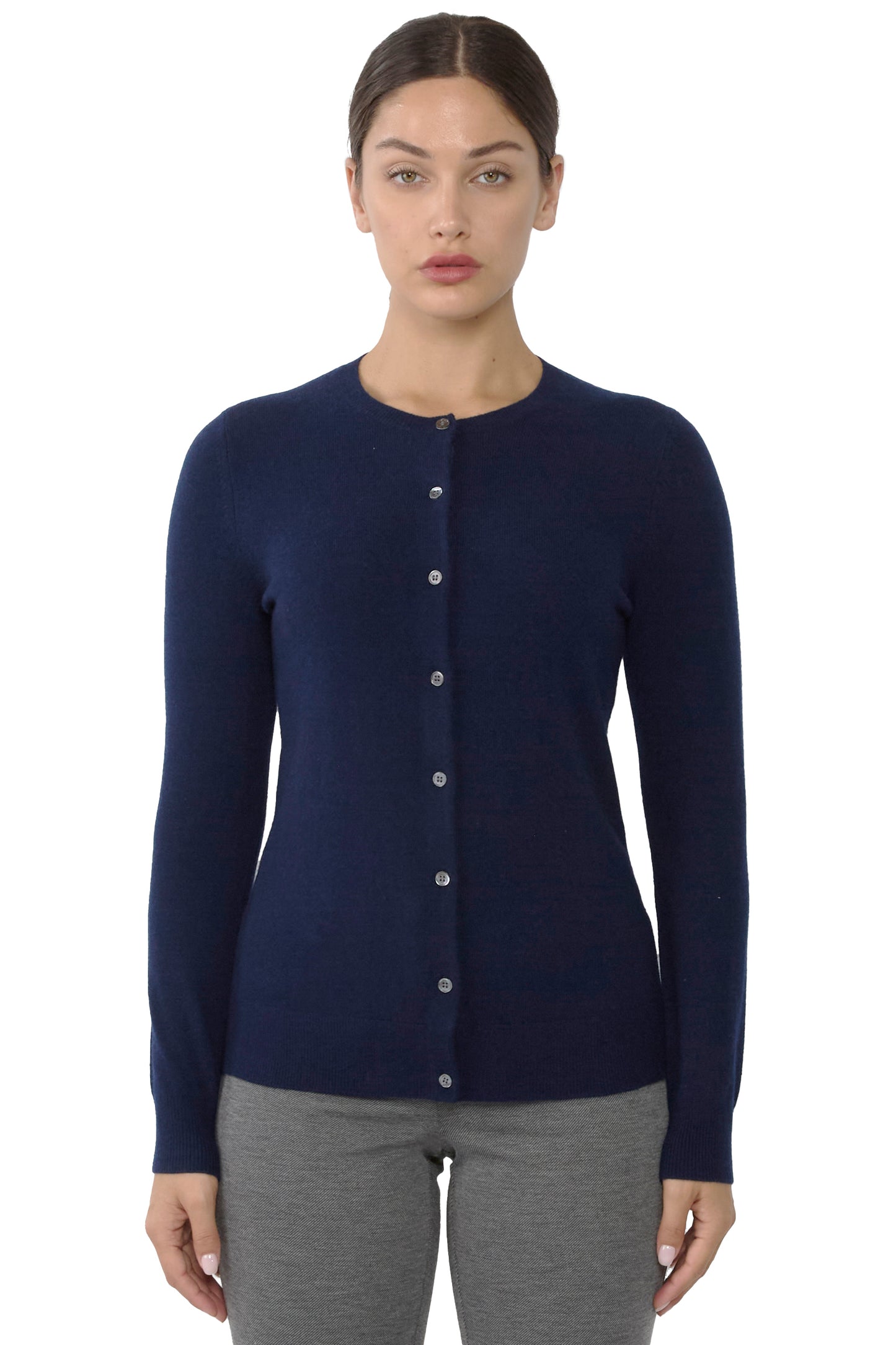 JENNIE LIU Women's 100% Cashmere Button Front Long Sleeve Crewneck Cardigan Sweater