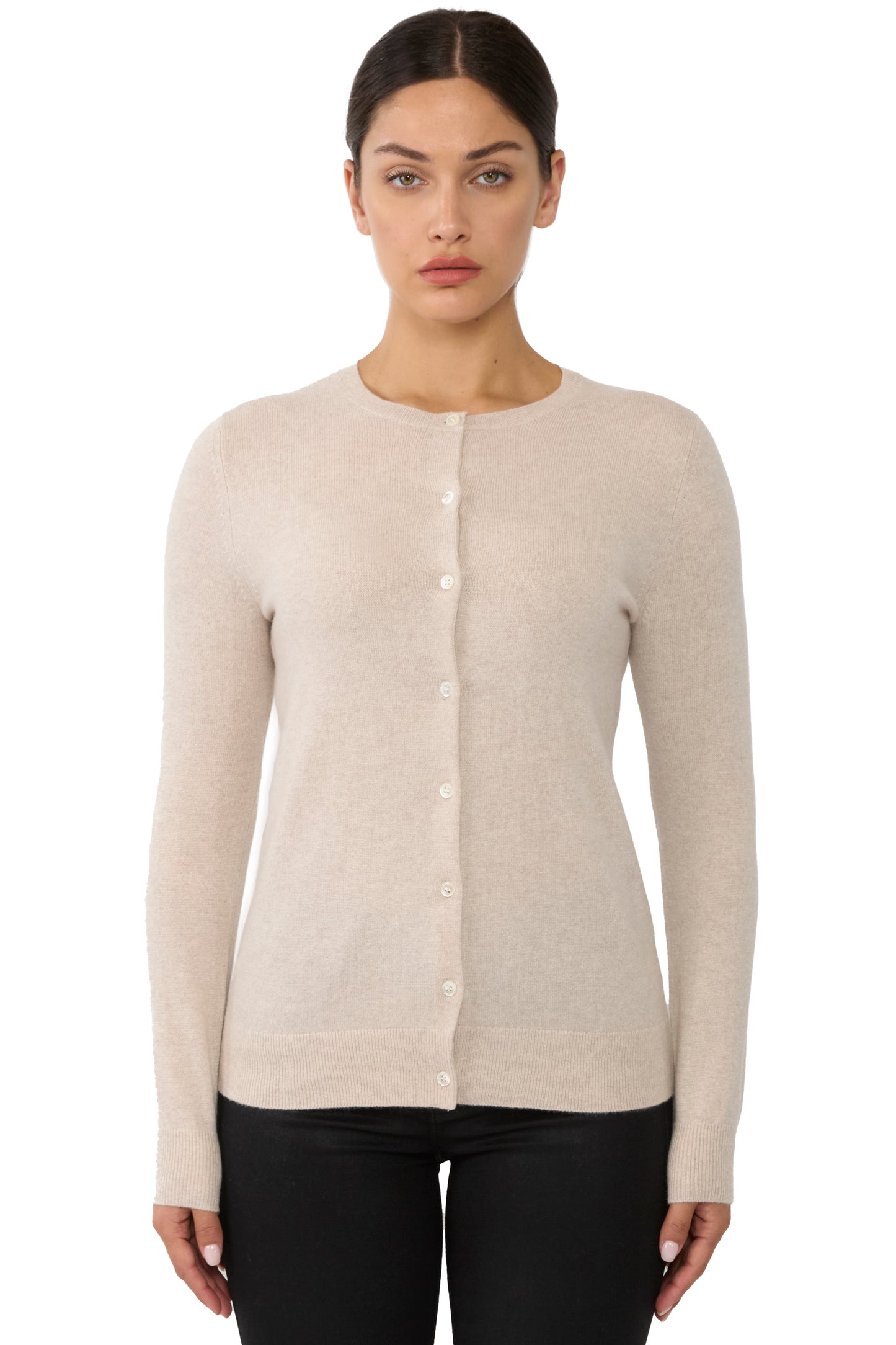 JENNIE LIU Women's 100% Cashmere Button Front Long Sleeve Crewneck Cardigan Sweater