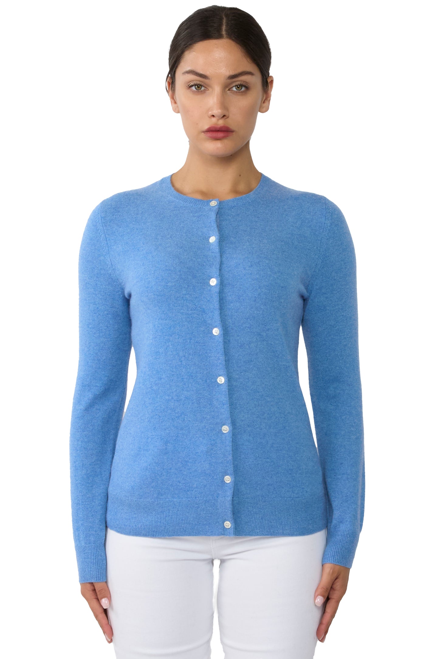 JENNIE LIU Women's 100% Cashmere Button Front Long Sleeve Crewneck Cardigan Sweater