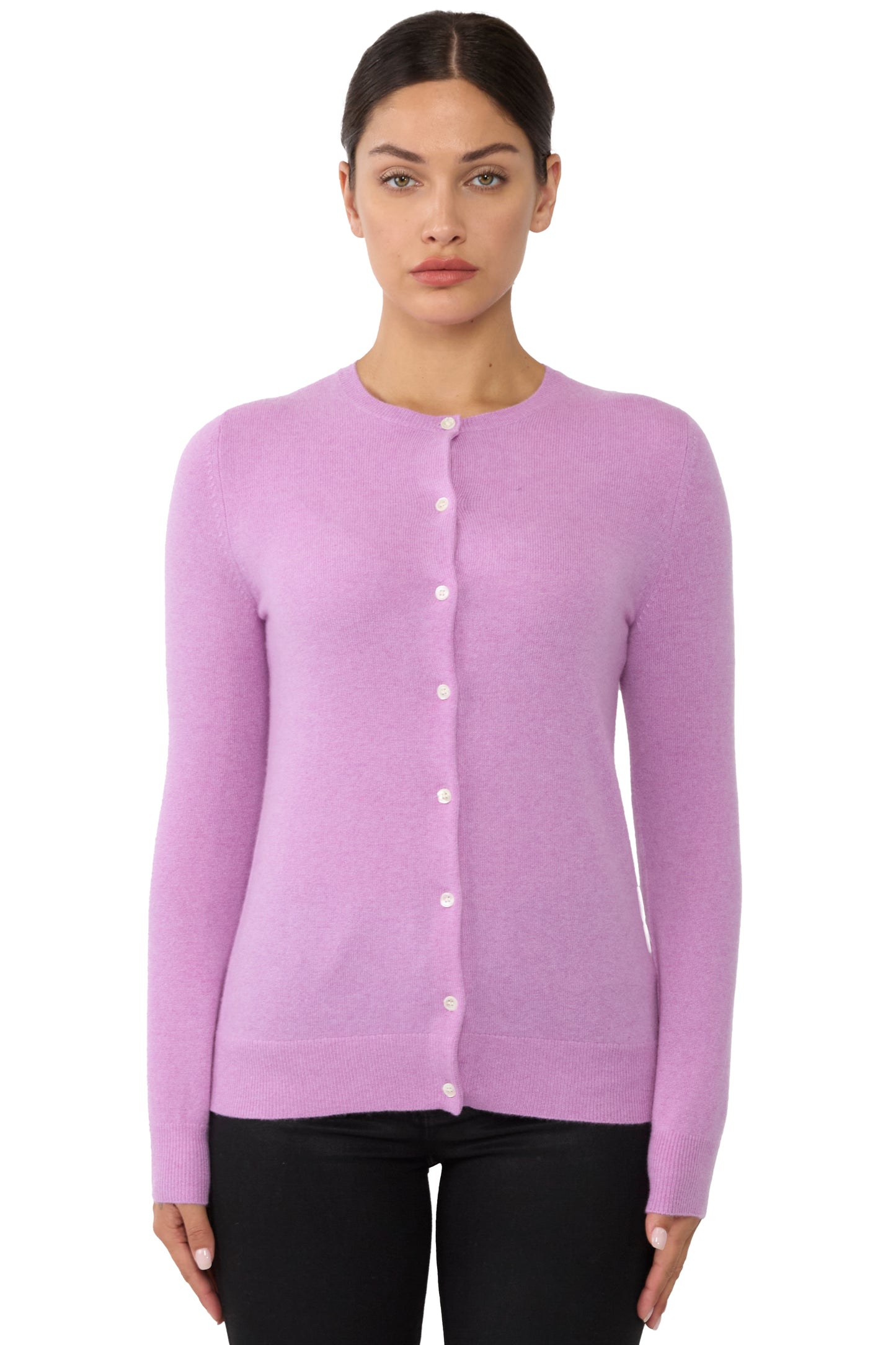 JENNIE LIU Women's 100% Cashmere Button Front Long Sleeve Crewneck Cardigan Sweater