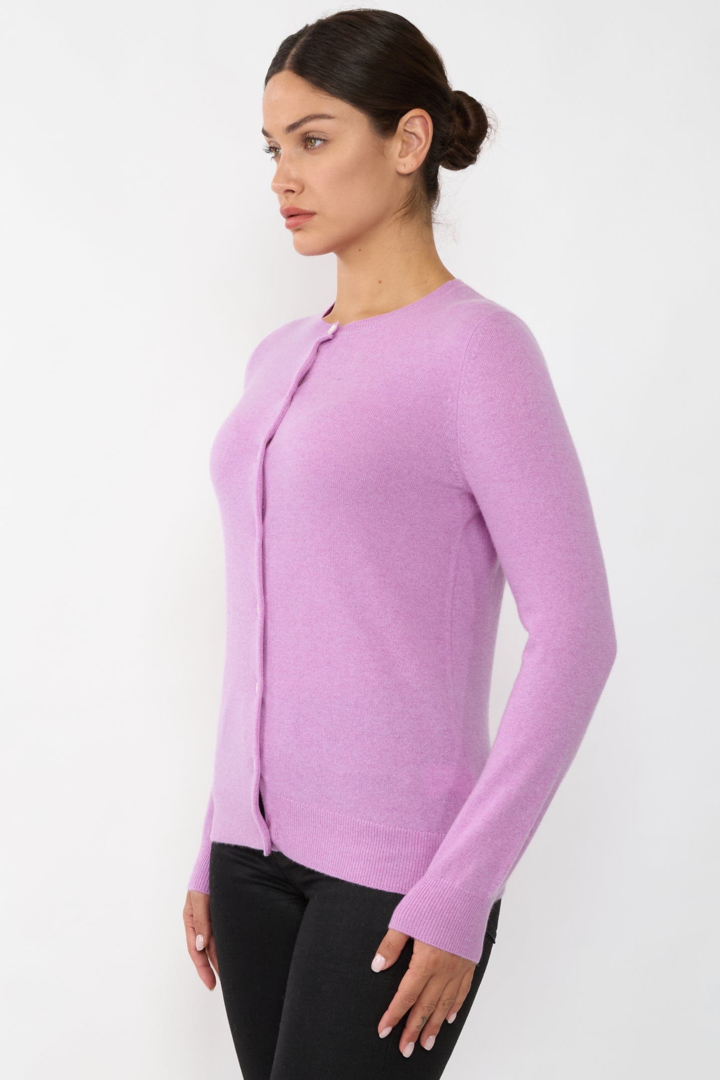 JENNIE LIU Women's 100% Cashmere Button Front Long Sleeve Crewneck Cardigan Sweater