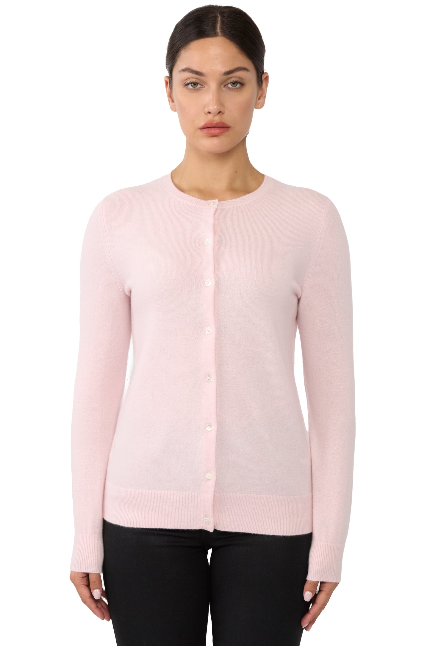 JENNIE LIU Women's 100% Cashmere Button Front Long Sleeve Crewneck Cardigan Sweater