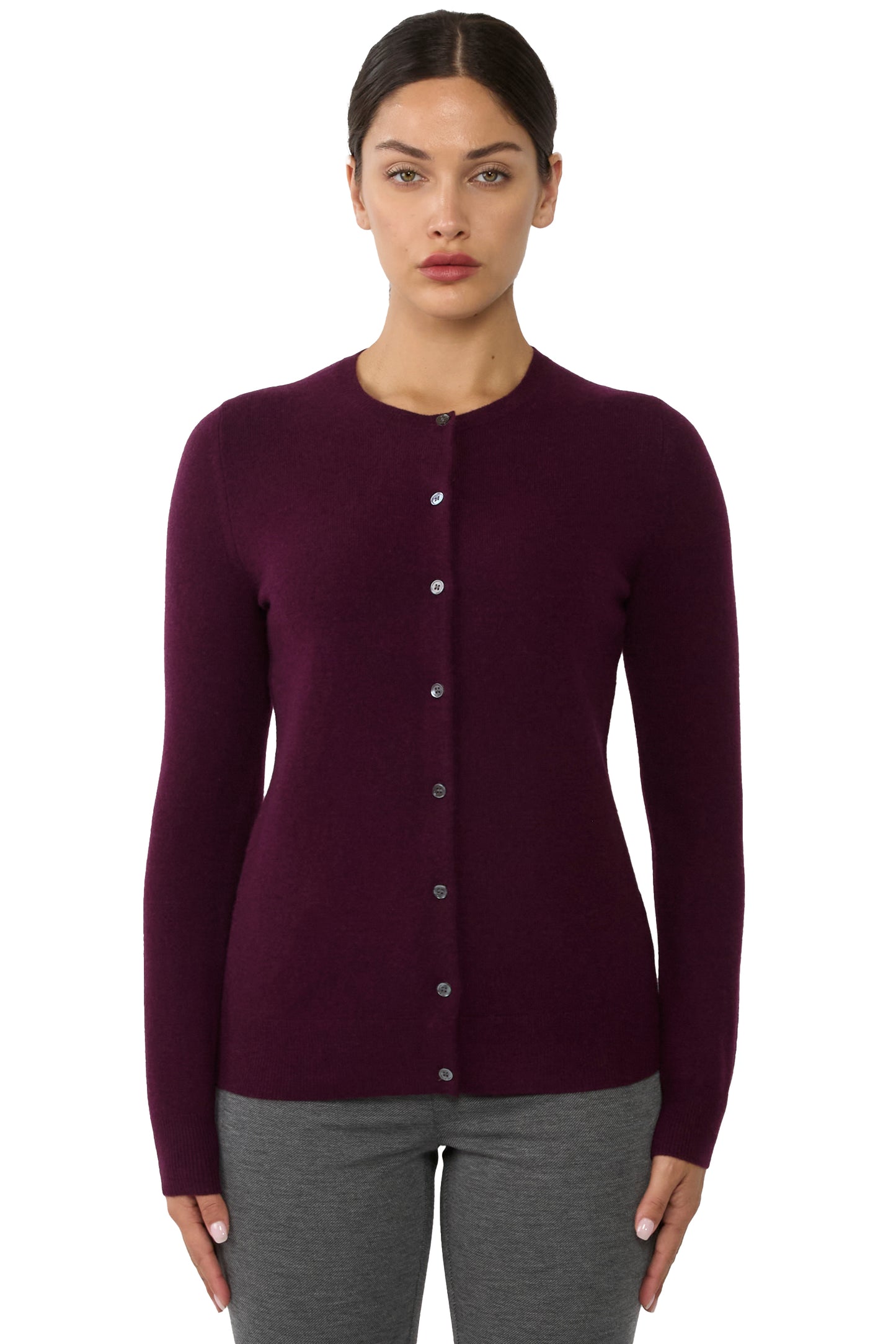 JENNIE LIU Women's 100% Cashmere Button Front Long Sleeve Crewneck Cardigan Sweater