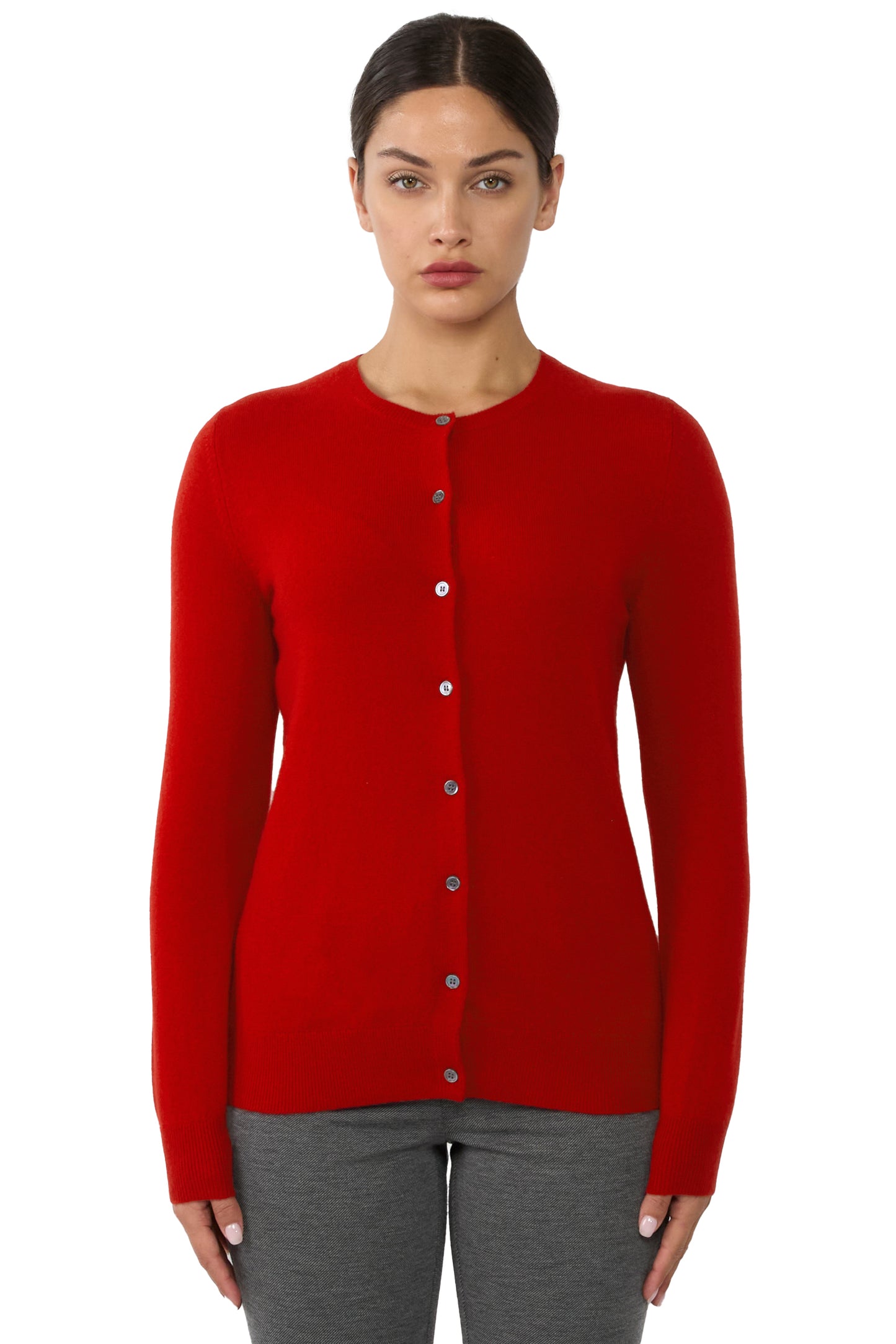 JENNIE LIU Women's 100% Cashmere Button Front Long Sleeve Crewneck Cardigan Sweater