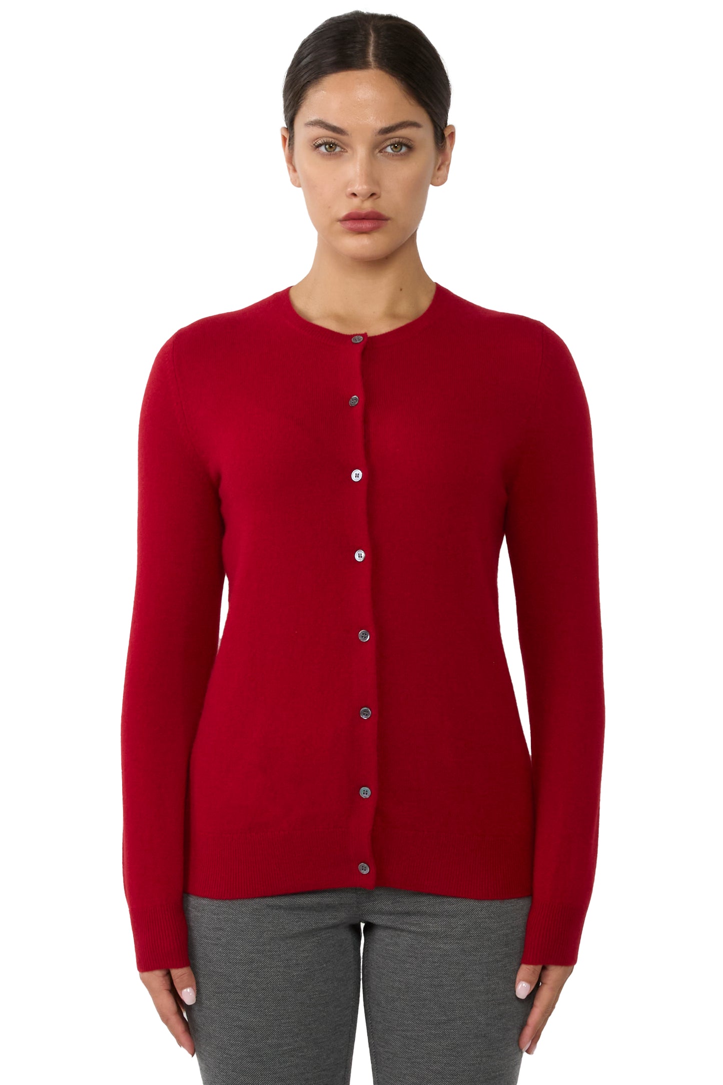 JENNIE LIU Women's 100% Cashmere Button Front Long Sleeve Crewneck Cardigan Sweater