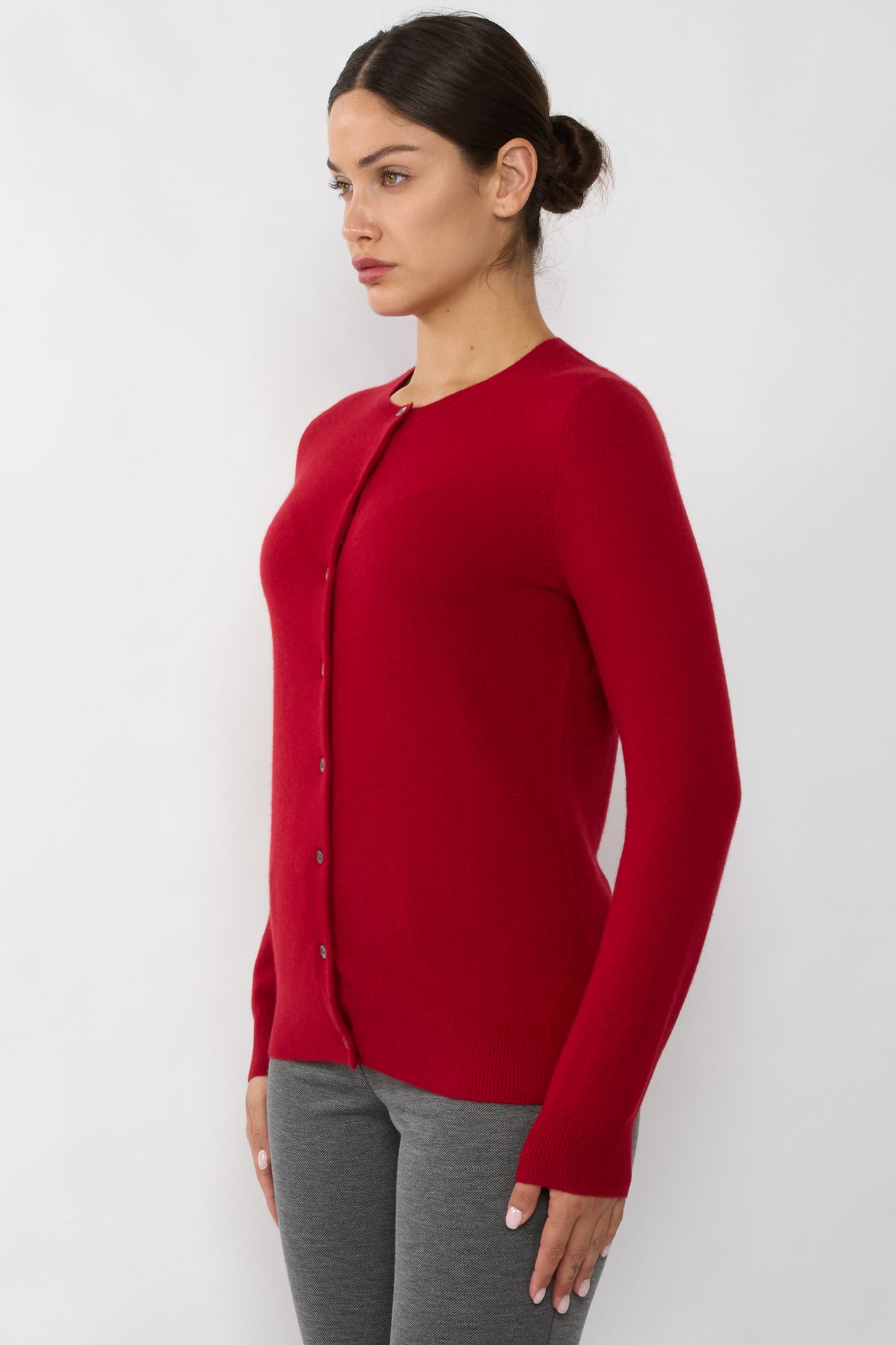 JENNIE LIU Women's 100% Cashmere Button Front Long Sleeve Crewneck Cardigan Sweater