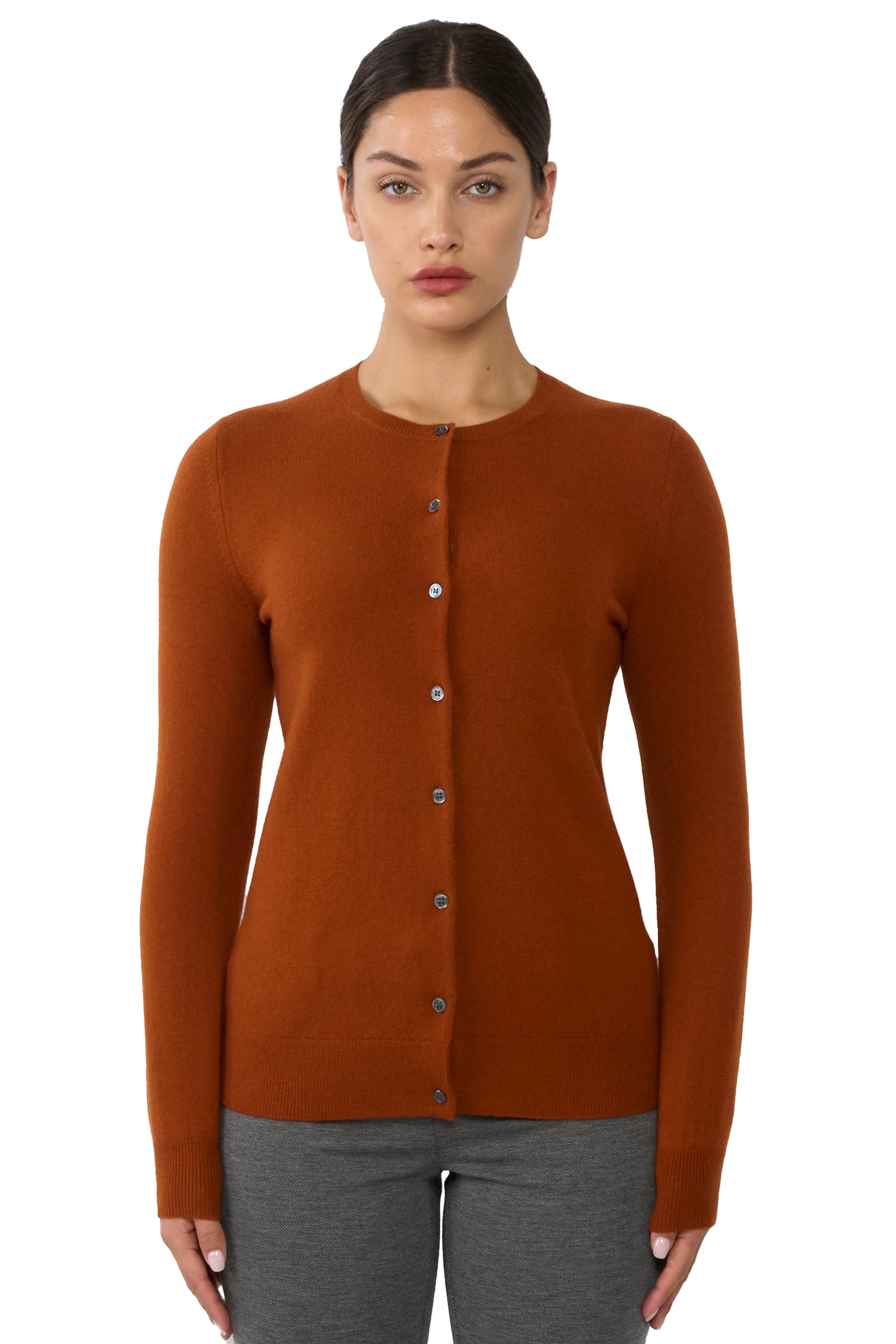 JENNIE LIU Women's 100% Cashmere Button Front Long Sleeve Crewneck Cardigan Sweater