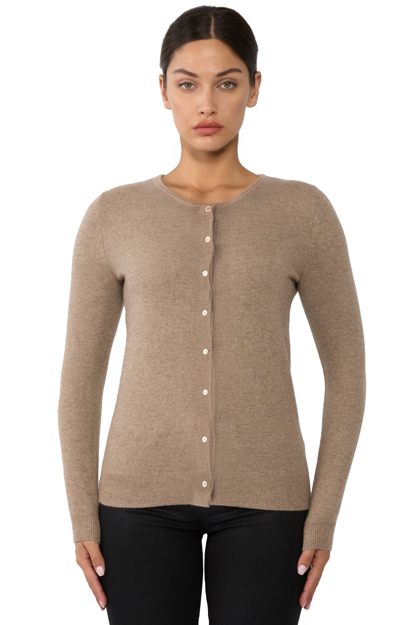 JENNIE LIU Women's 100% Cashmere Button Front Long Sleeve Crewneck Cardigan Sweater