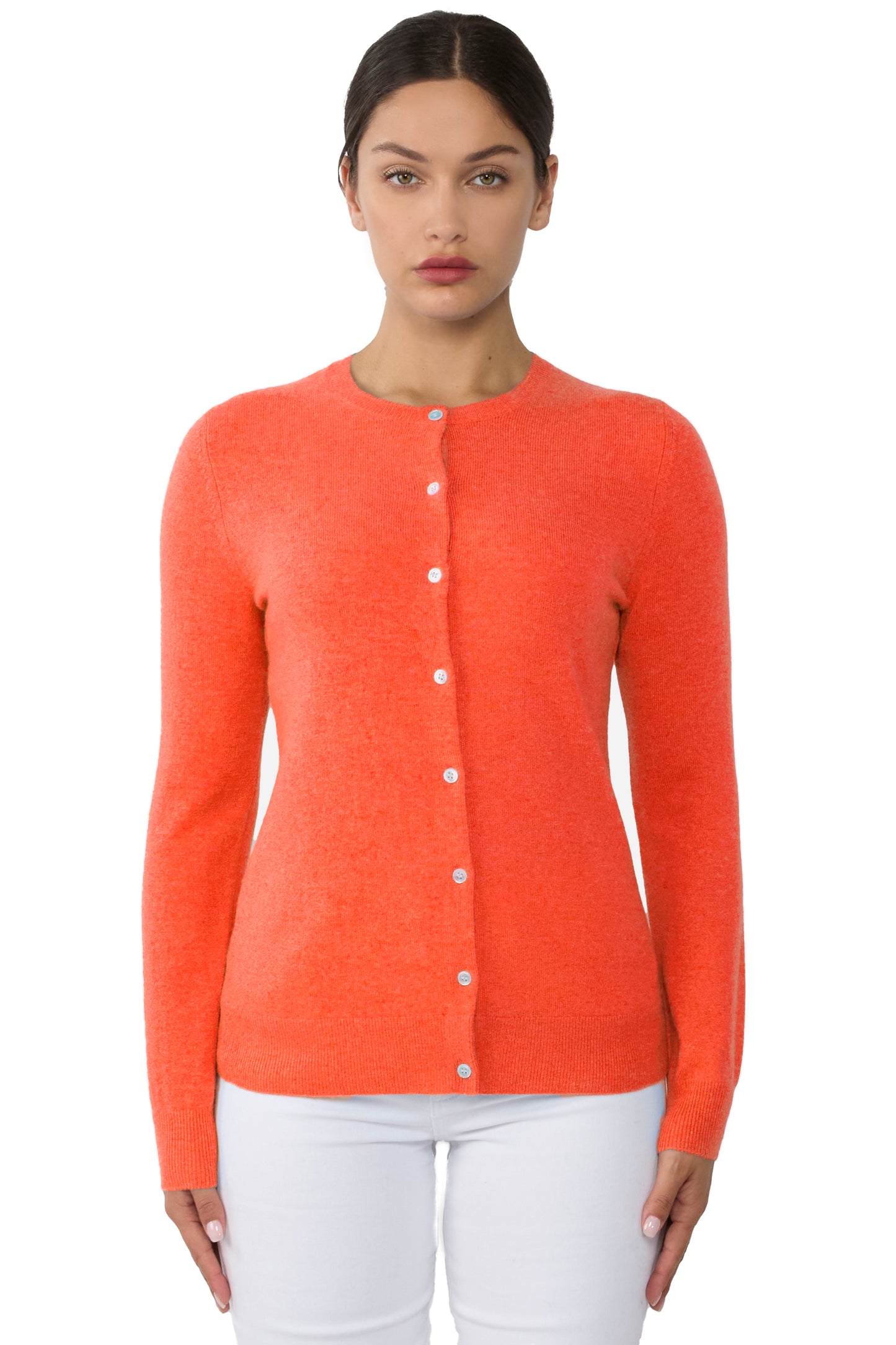 JENNIE LIU Women's 100% Cashmere Button Front Long Sleeve Crewneck Cardigan Sweater