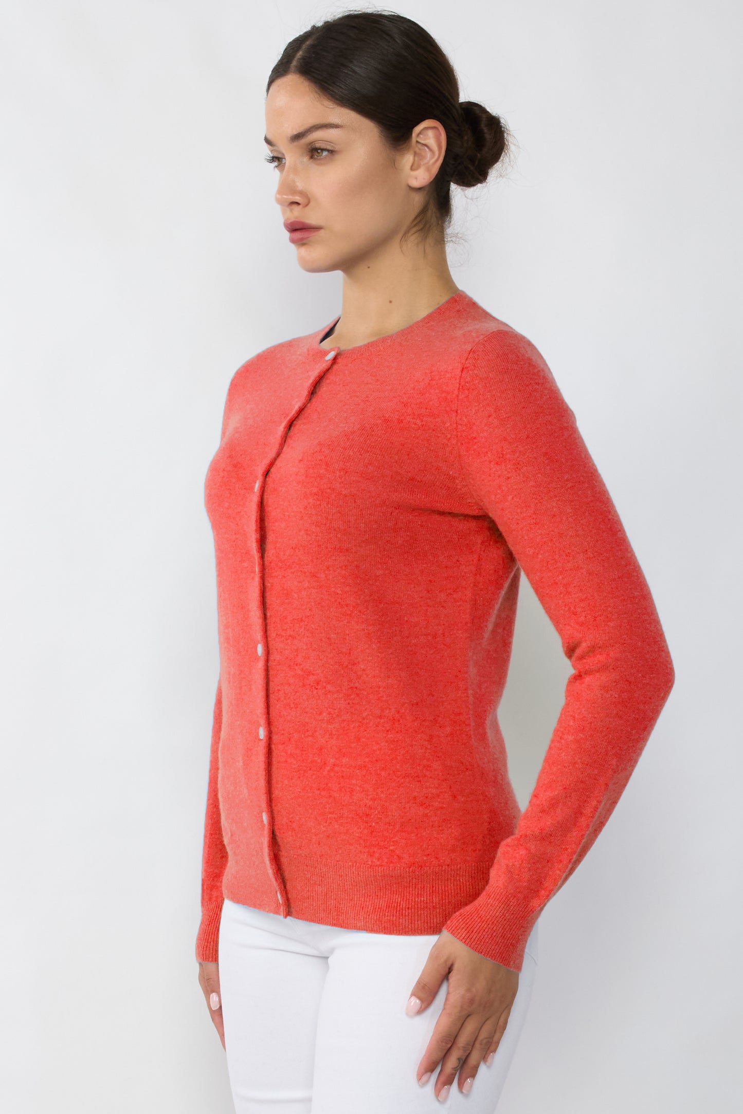 JENNIE LIU Women's 100% Cashmere Button Front Long Sleeve Crewneck Cardigan Sweater