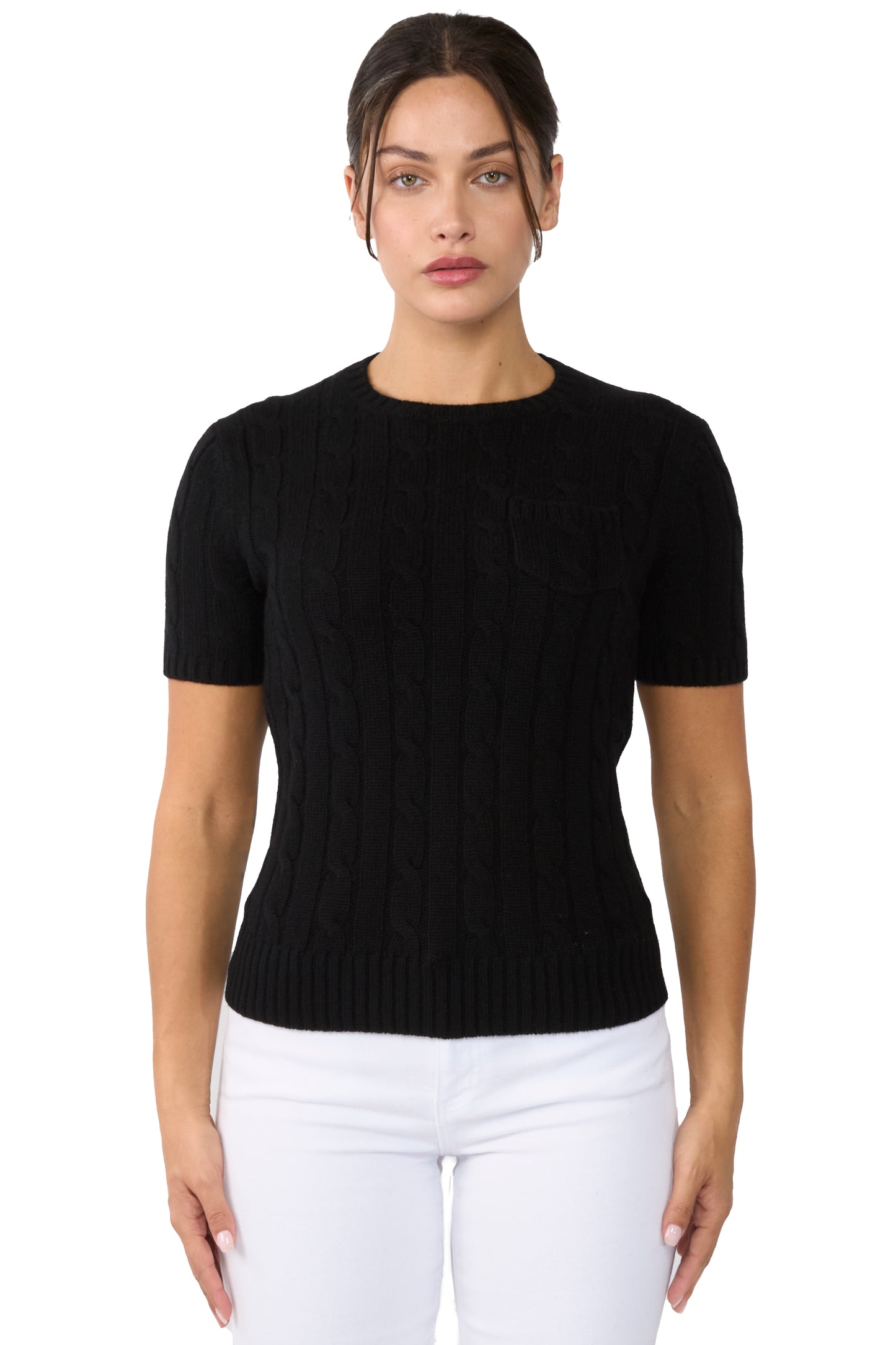 JENNIE LIU Womens 70% Wool 30% Cashmere Chuncky Cable-knit Crewneck Short Sleeve Sweater