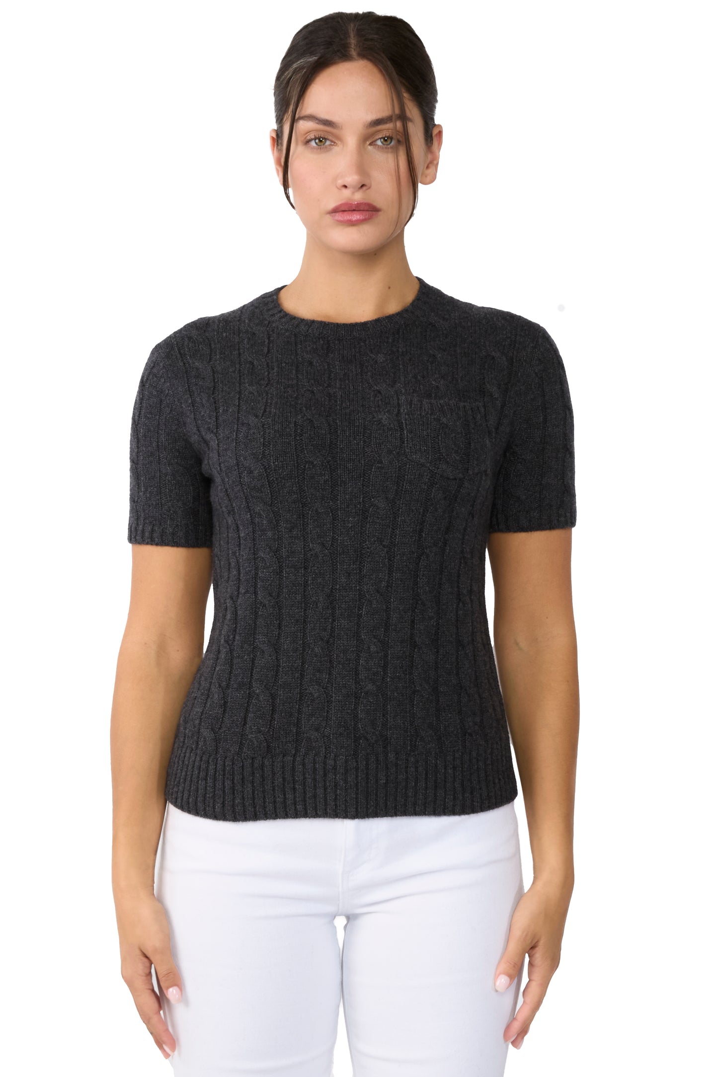 JENNIE LIU Womens 70% Wool 30% Cashmere Chuncky Cable-knit Crewneck Short Sleeve Sweater