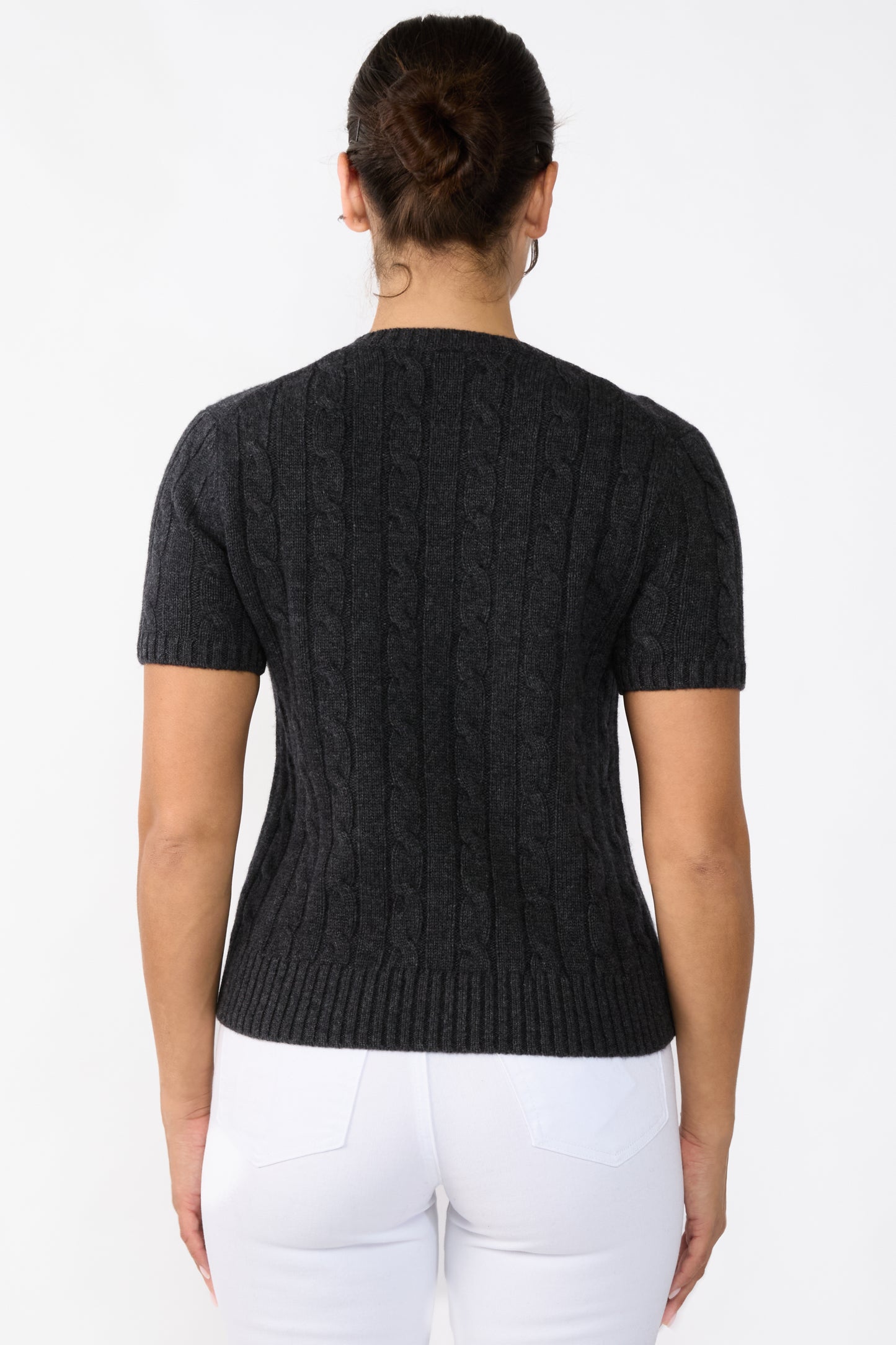 JENNIE LIU Womens 70% Wool 30% Cashmere Chuncky Cable-knit Crewneck Short Sleeve Sweater