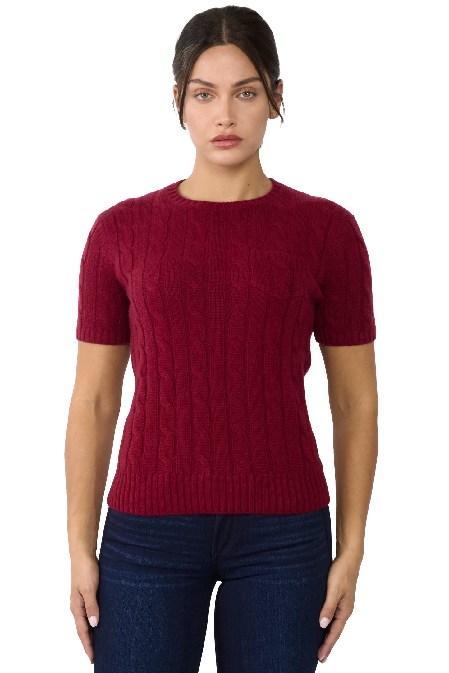 JENNIE LIU Womens 70% Wool 30% Cashmere Chuncky Cable-knit Crewneck Short Sleeve Sweater