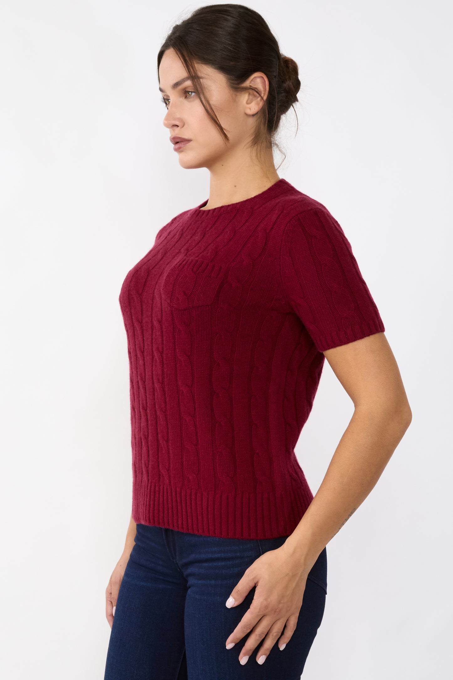 JENNIE LIU Womens 70% Wool 30% Cashmere Chuncky Cable-knit Crewneck Short Sleeve Sweater