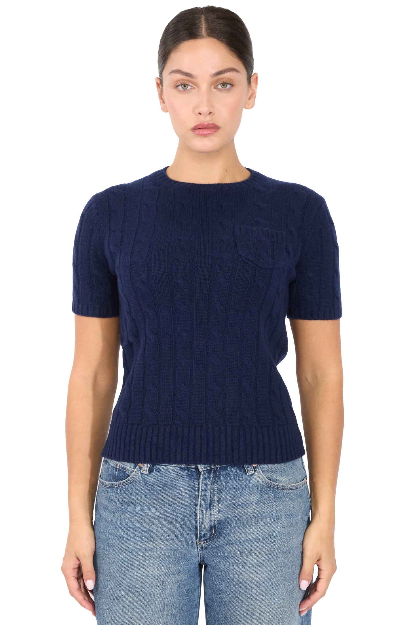 JENNIE LIU Womens 70% Wool 30% Cashmere Chuncky Cable-knit Crewneck Short Sleeve Sweater