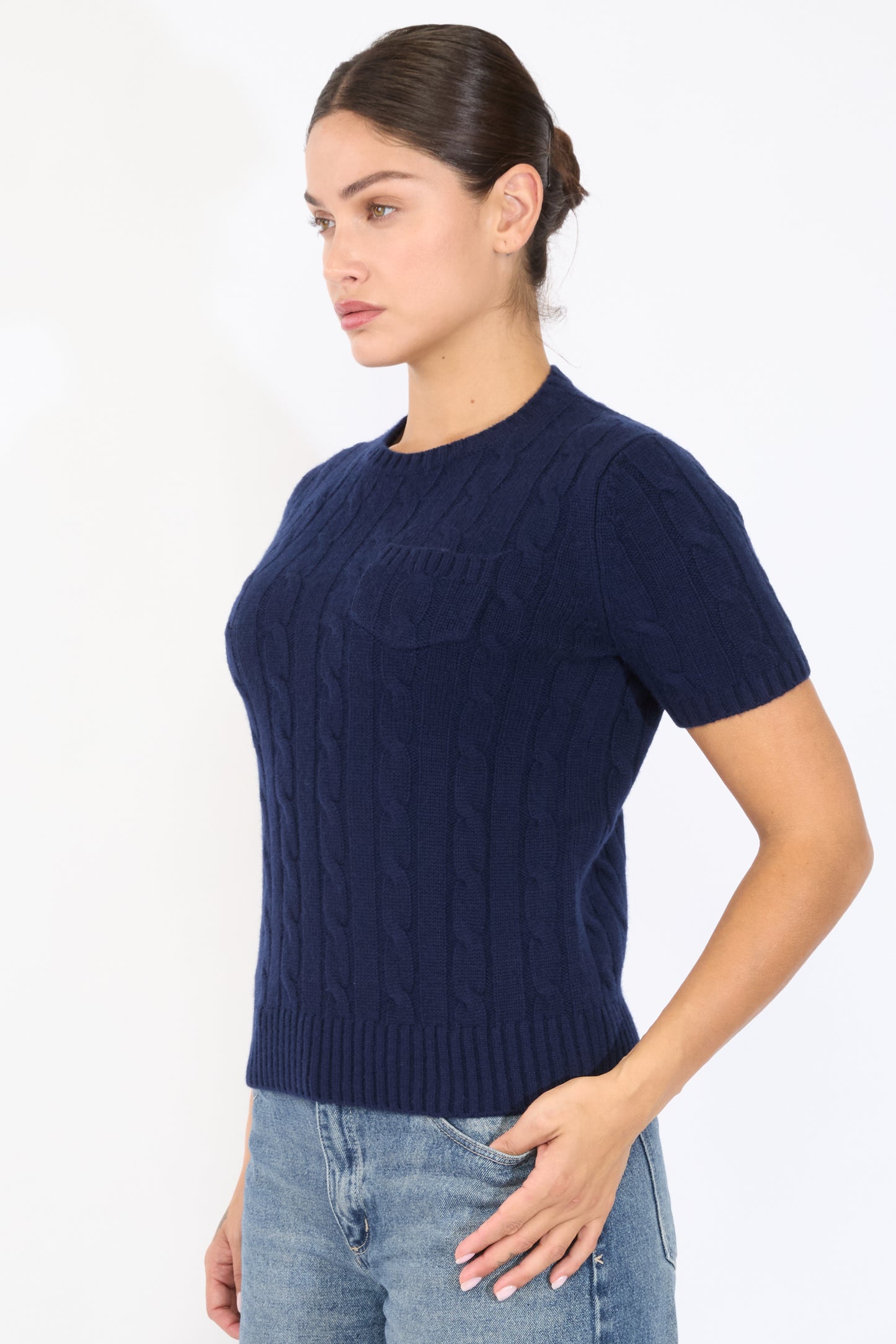 JENNIE LIU Womens 70% Wool 30% Cashmere Chuncky Cable-knit Crewneck Short Sleeve Sweater