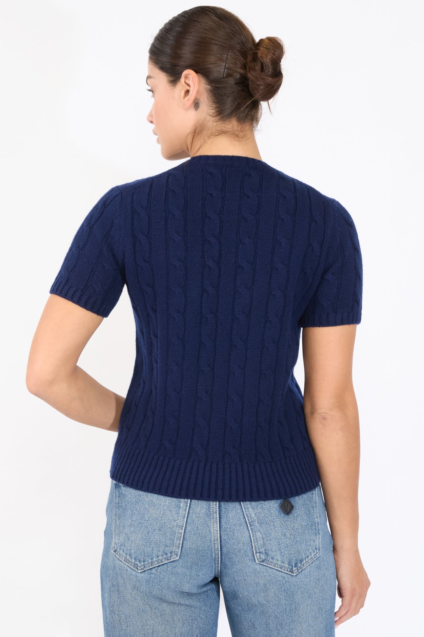 JENNIE LIU Womens 70% Wool 30% Cashmere Chuncky Cable-knit Crewneck Short Sleeve Sweater