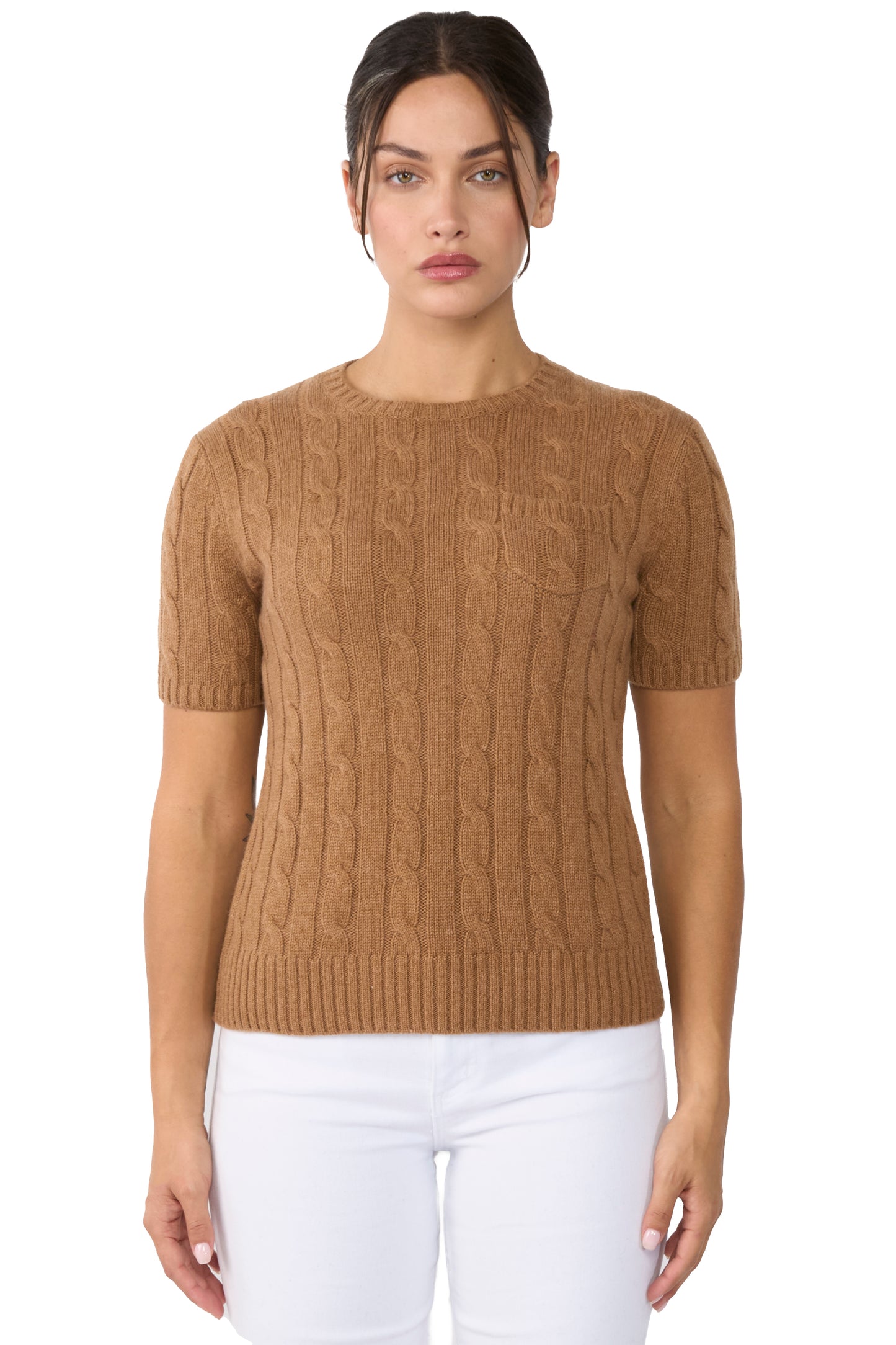 JENNIE LIU Womens 70% Wool 30% Cashmere Chuncky Cable-knit Crewneck Short Sleeve Sweater
