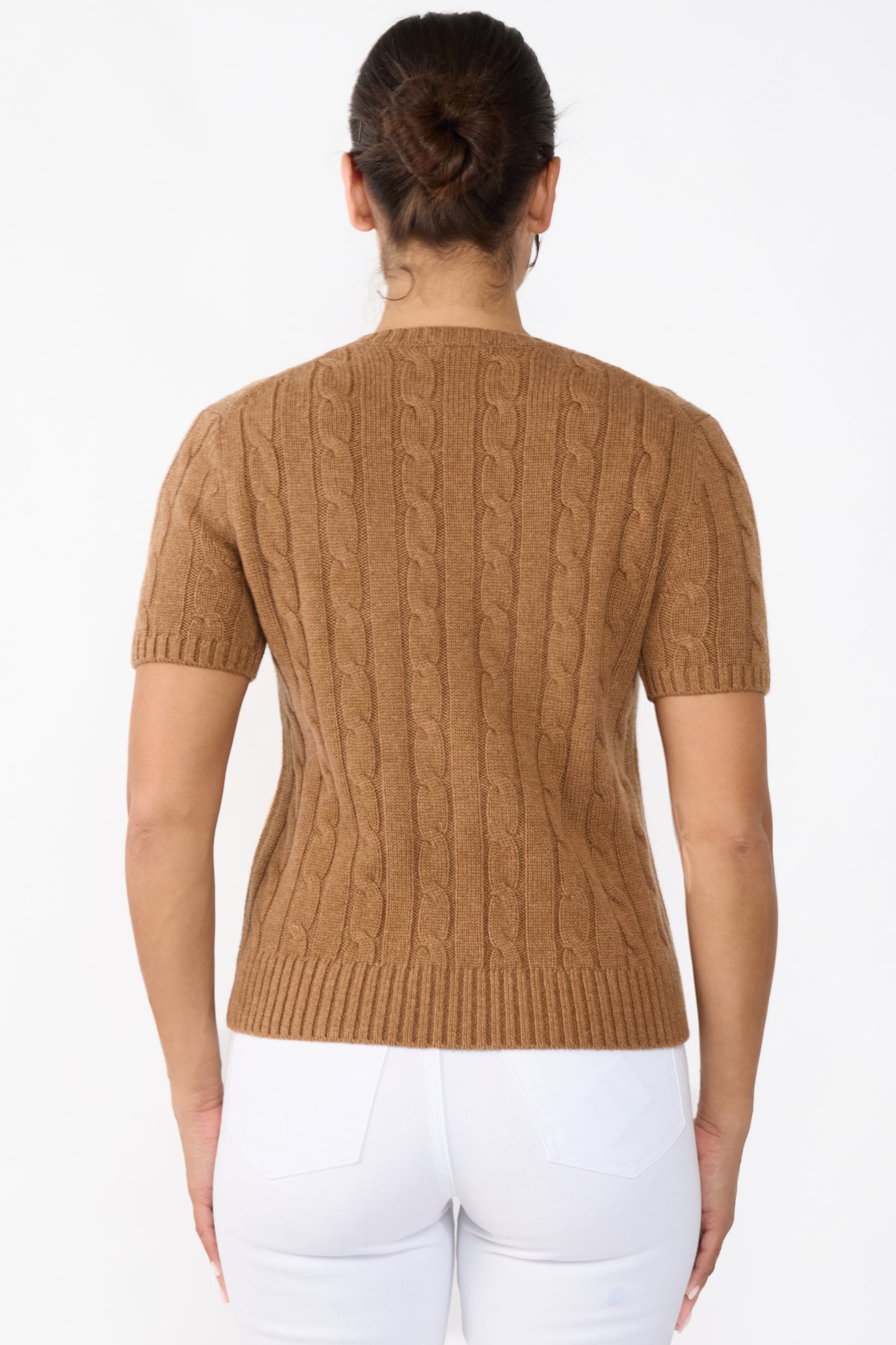 JENNIE LIU Womens 70% Wool 30% Cashmere Chuncky Cable-knit Crewneck Short Sleeve Sweater